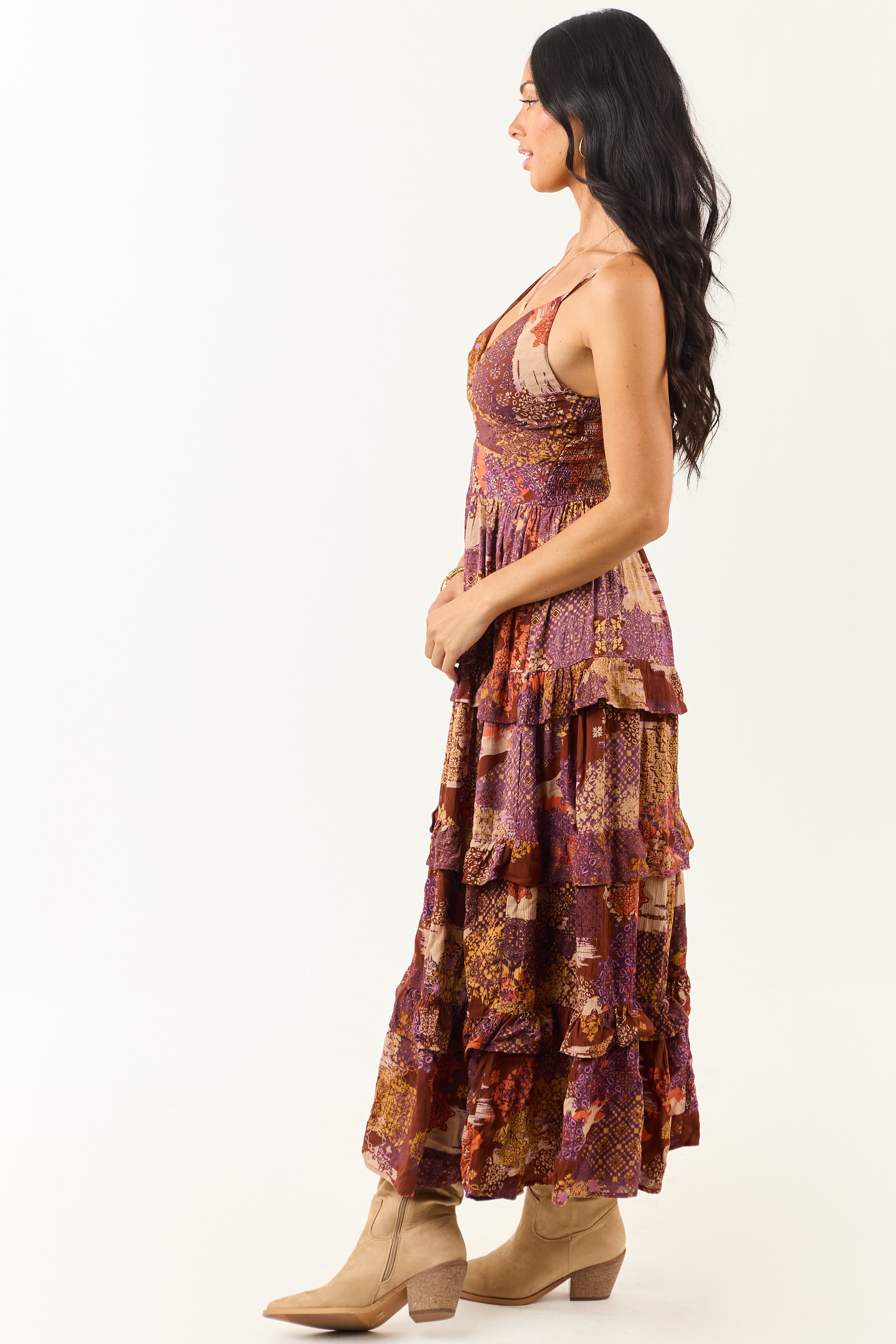 Spice Boho Patchwork Bust Twist Tiered Midi Dress