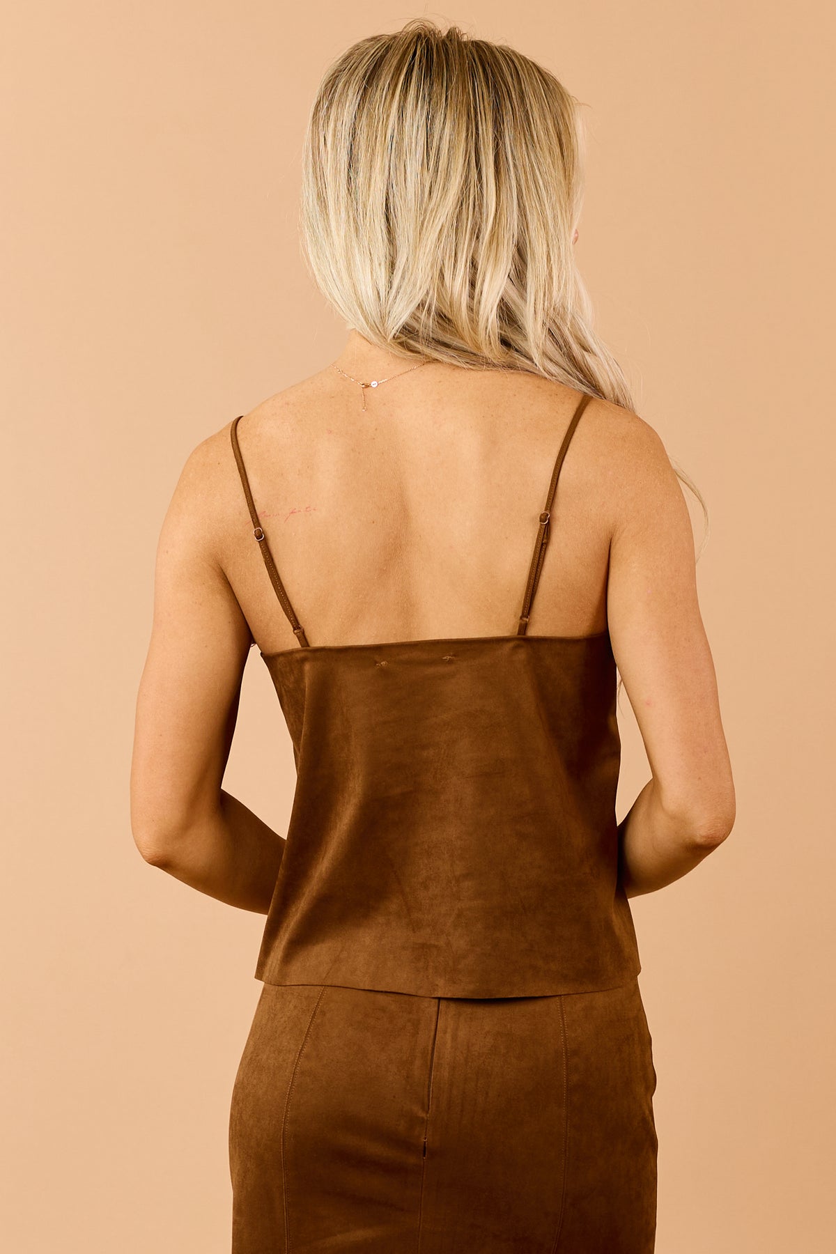Spice Chocolate Faux Suede Lace Trim Cami Top