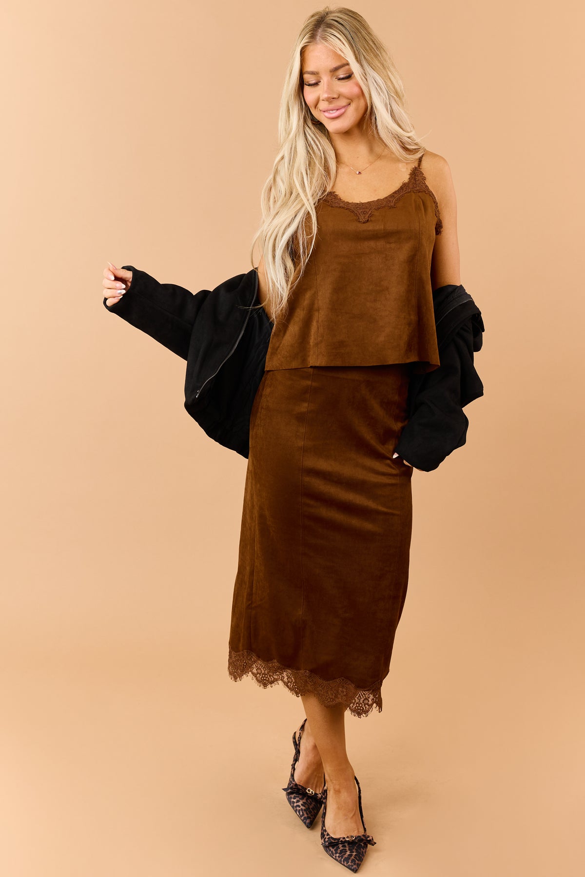 Spice Chocolate Faux Suede Lace Trim Cami Top