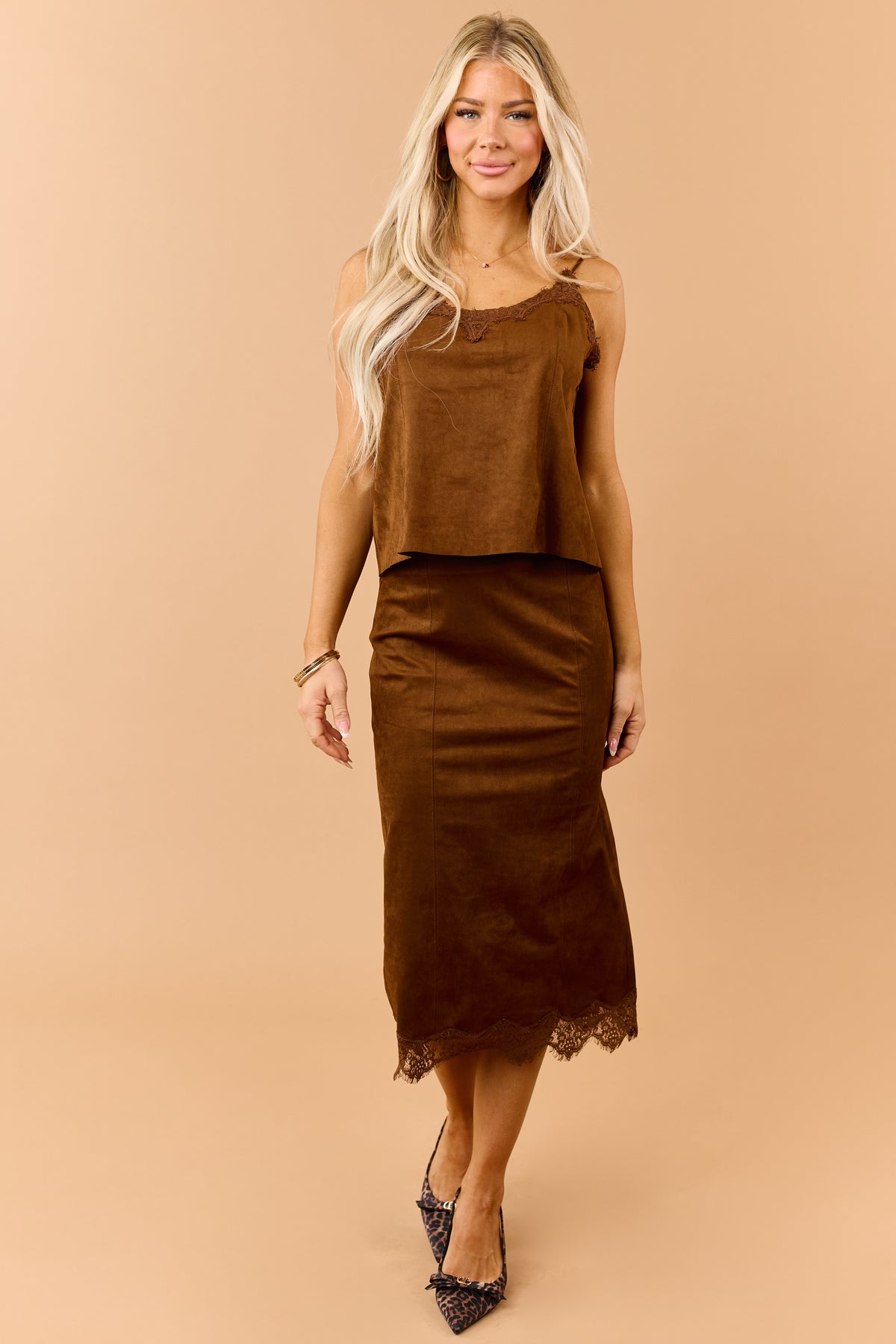 Spice Chocolate Faux Suede Lace Trim Cami Top