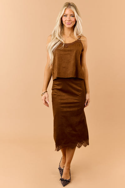Spice Chocolate Faux Suede Lace Trim Cami Top