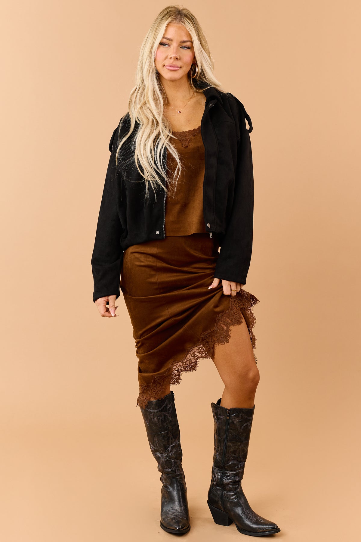 Spice Chocolate Faux Suede Lace Trim Cami Top