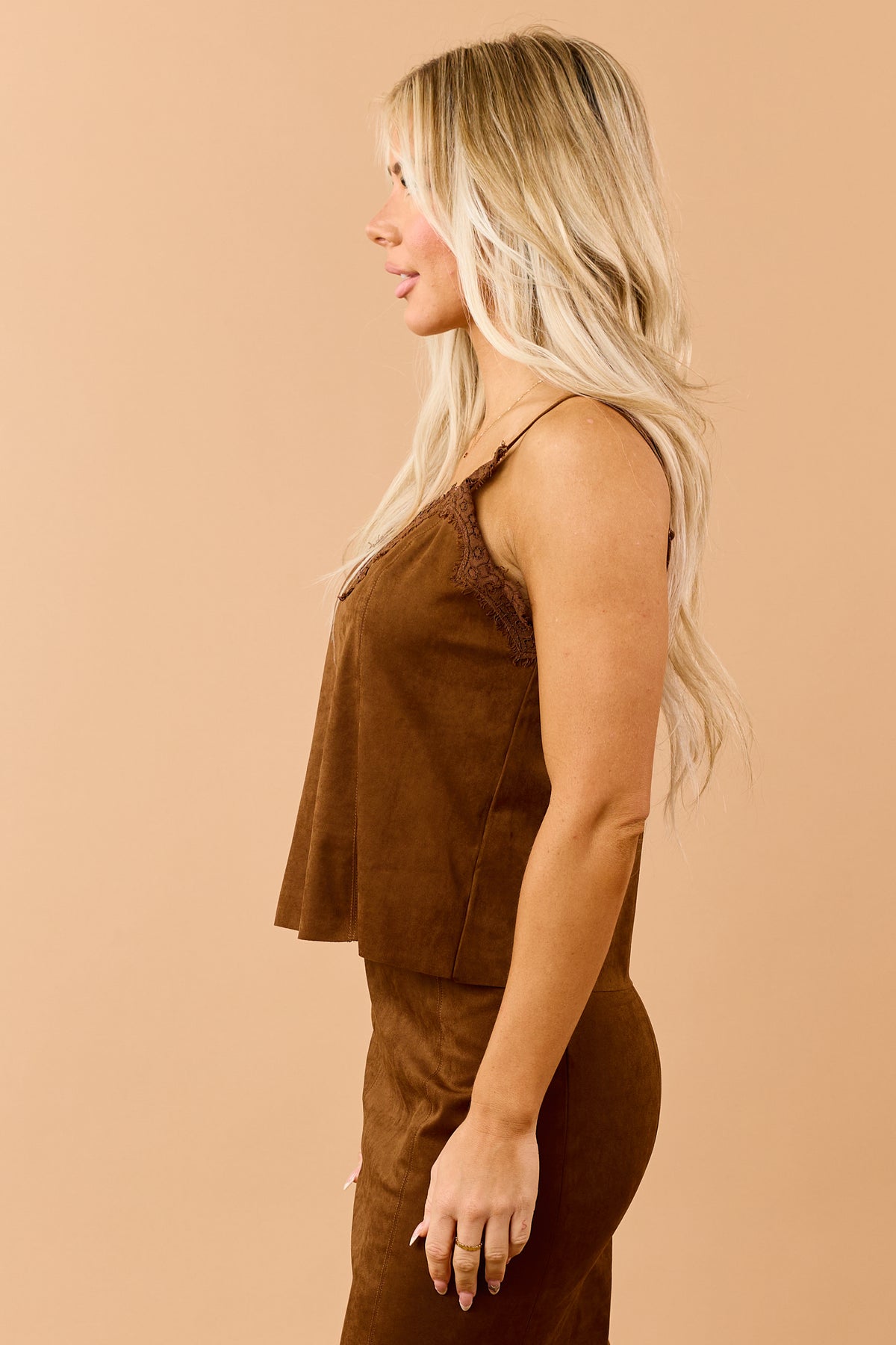 Spice Chocolate Faux Suede Lace Trim Cami Top