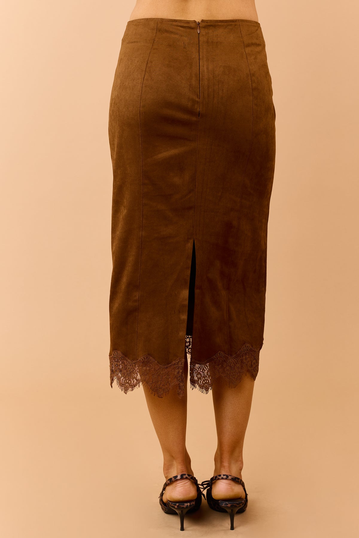 Spice Chocolate Faux Suede Lace Trim Midi Skirt
