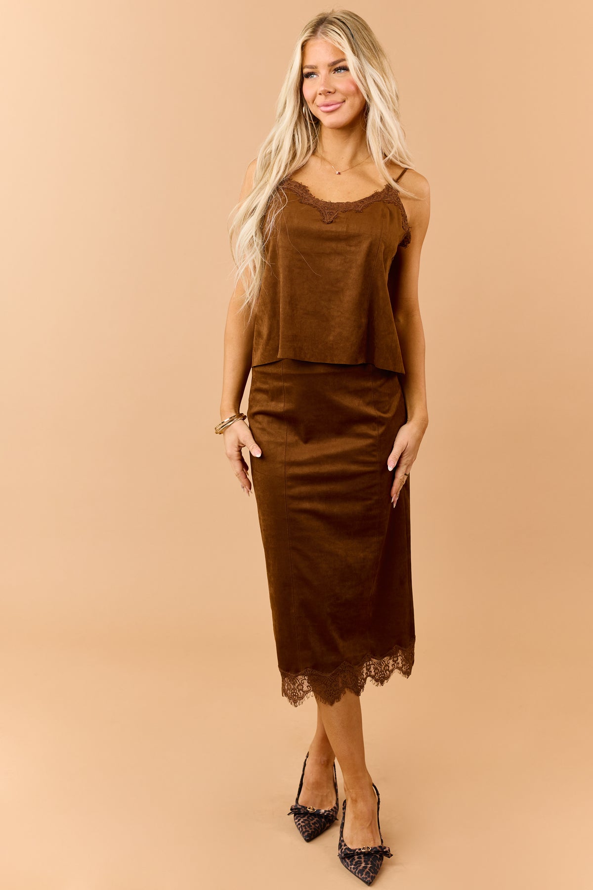 Spice Chocolate Faux Suede Lace Trim Midi Skirt