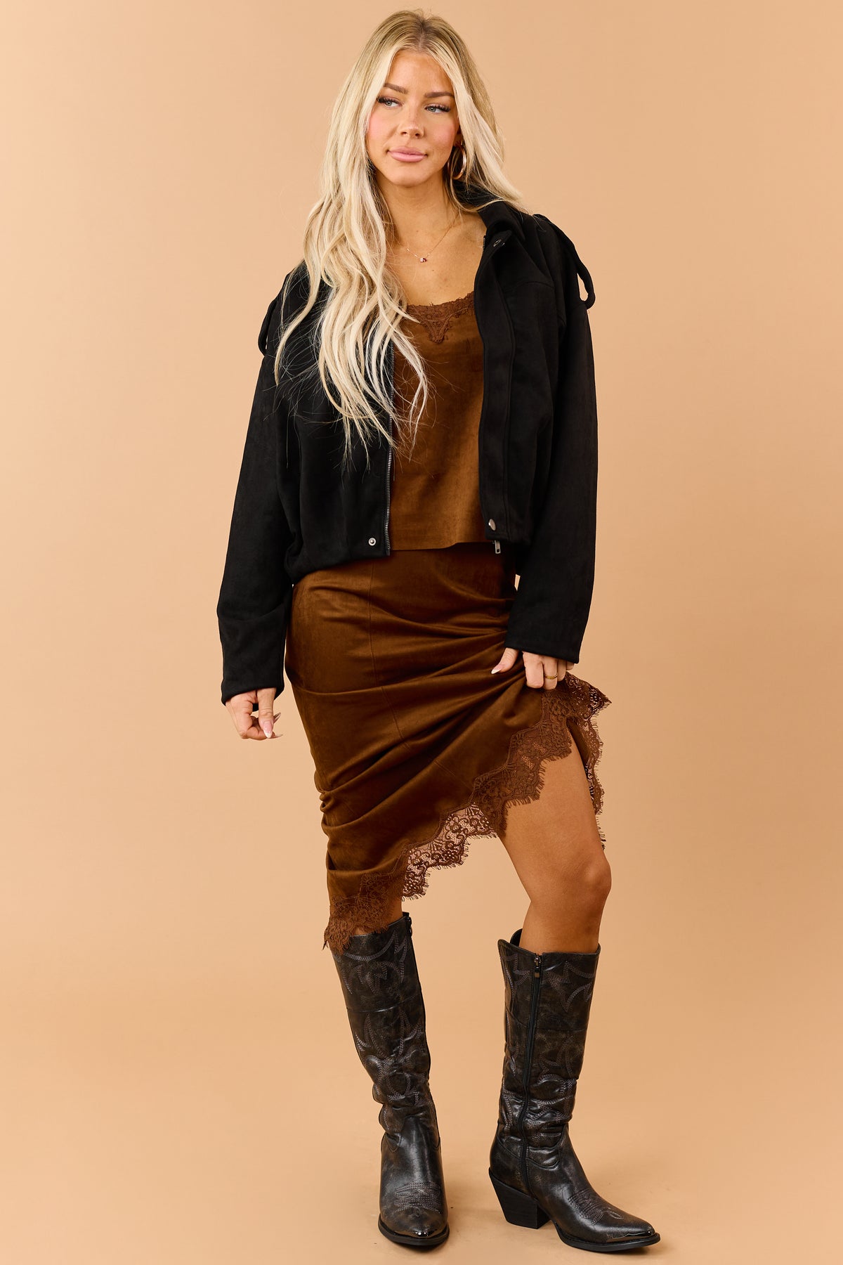 Spice Chocolate Faux Suede Lace Trim Midi Skirt