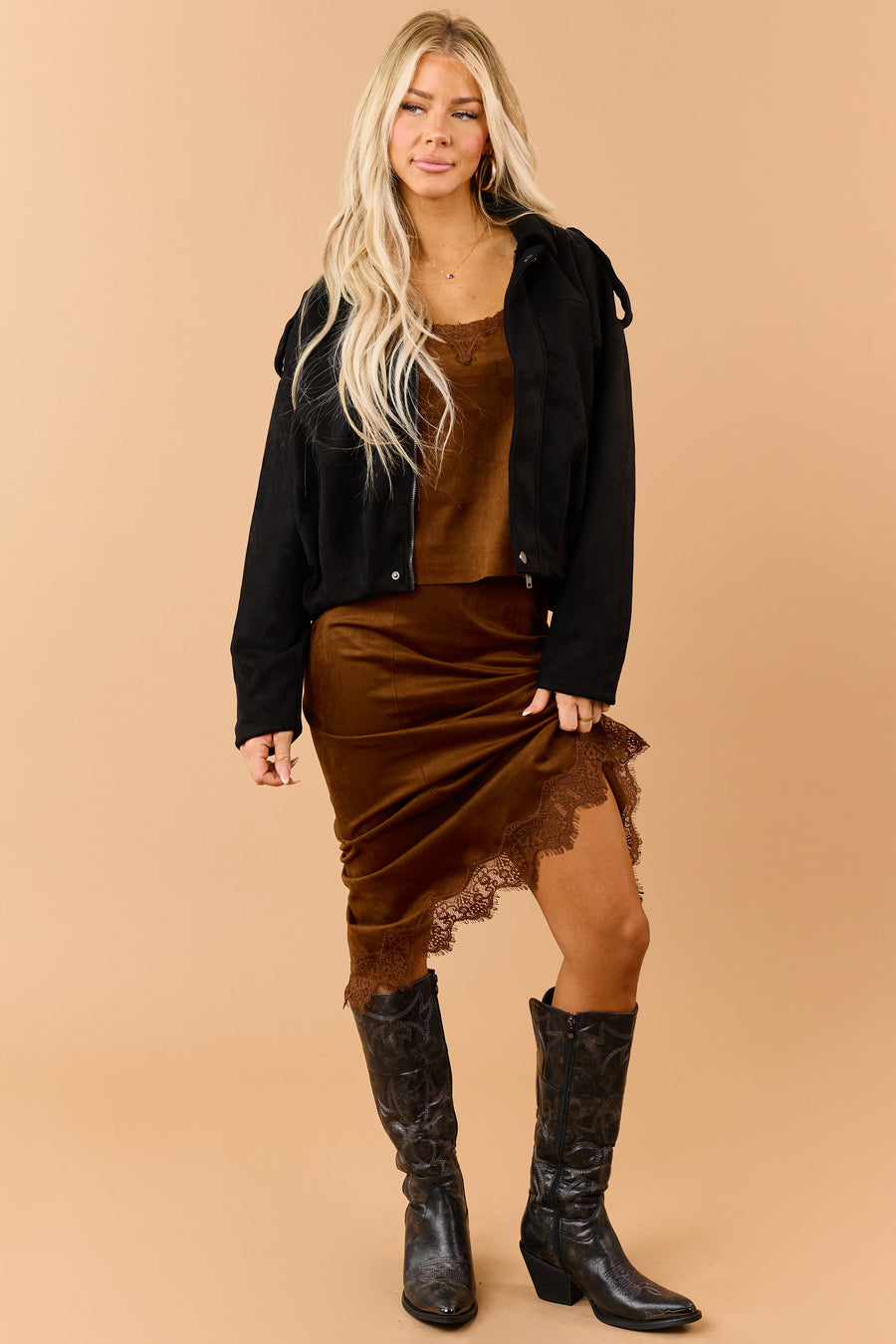 Spice Chocolate Faux Suede Lace Trim Midi Skirt