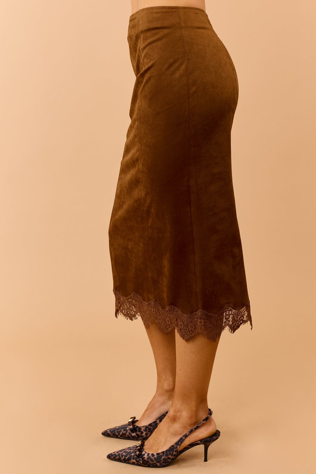 Spice Chocolate Faux Suede Lace Trim Midi Skirt