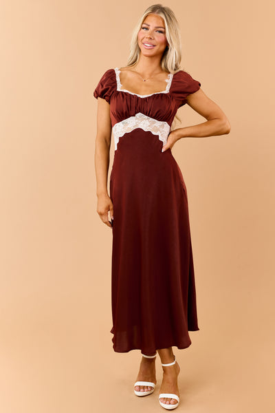 Spice Chocolate Satin and Lace Maxi Dress