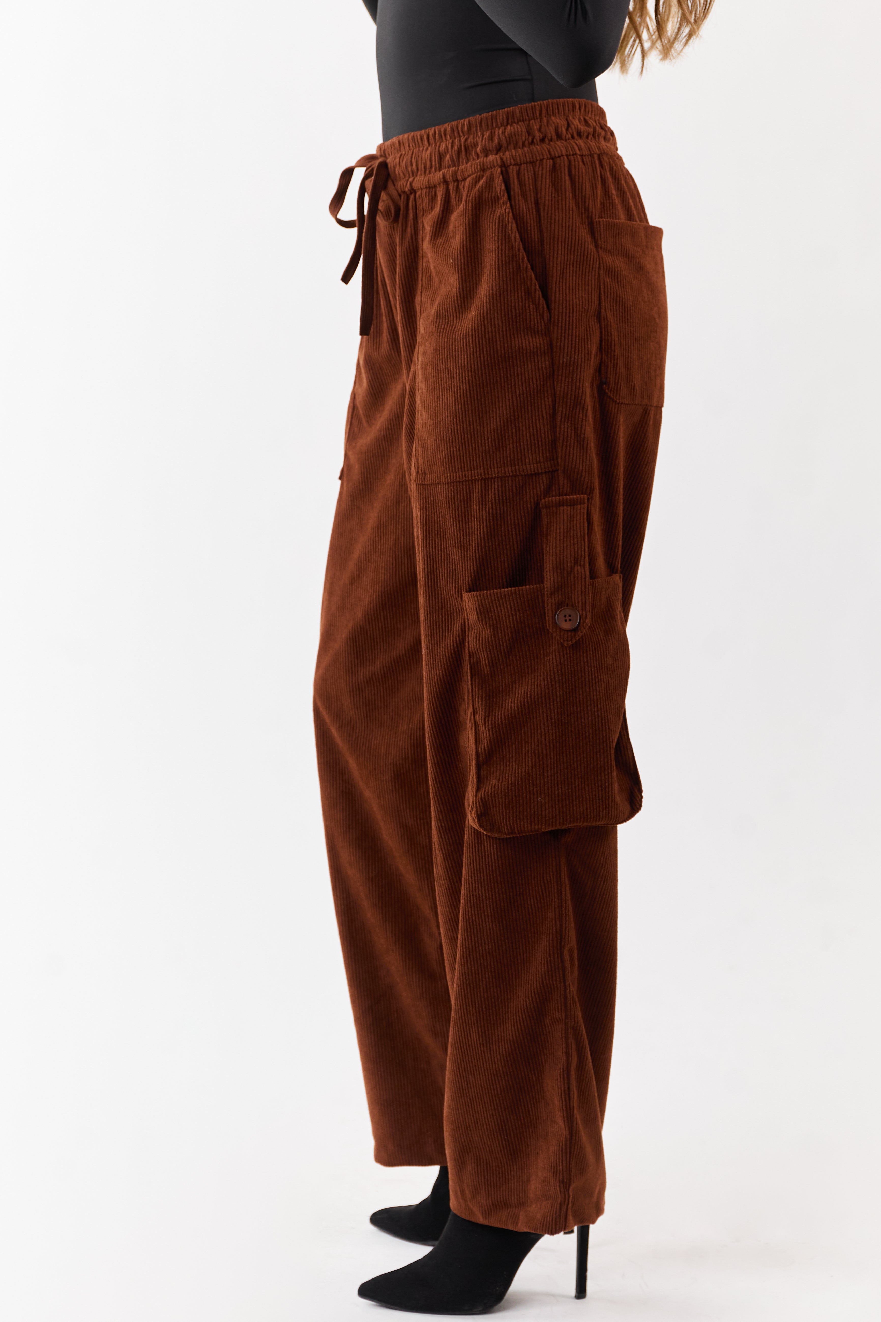 Spice Corduroy Drawstring Waist Cargo Pants | Lime Lush Boutique