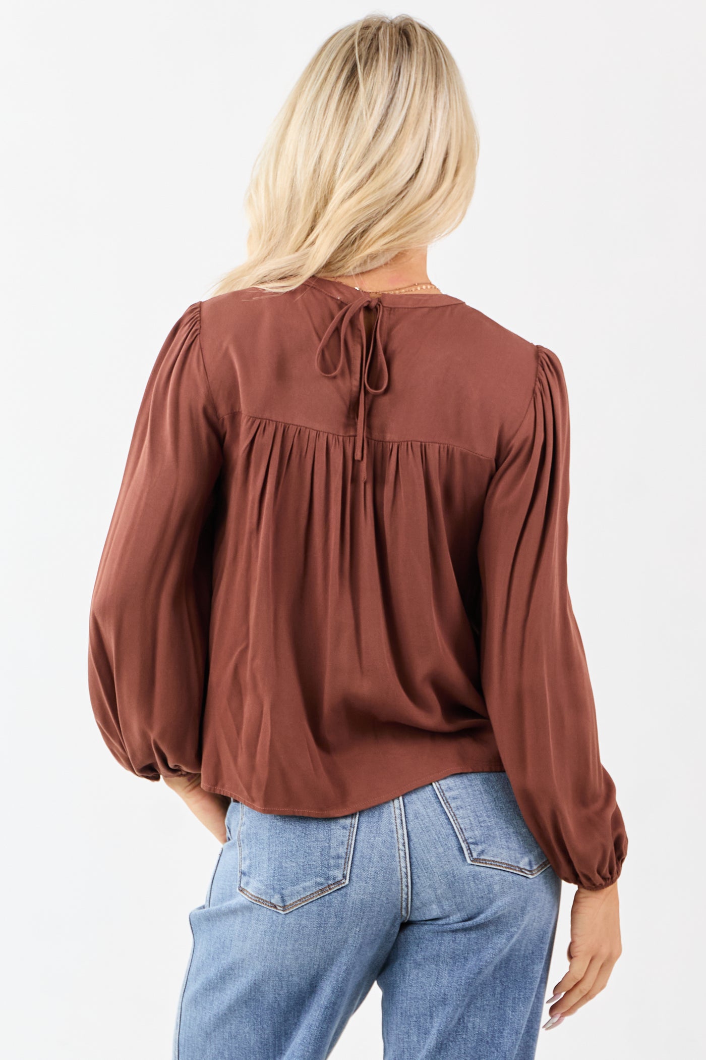Spice Embroidered Floral Lace Yoke Puff Sleeve Top