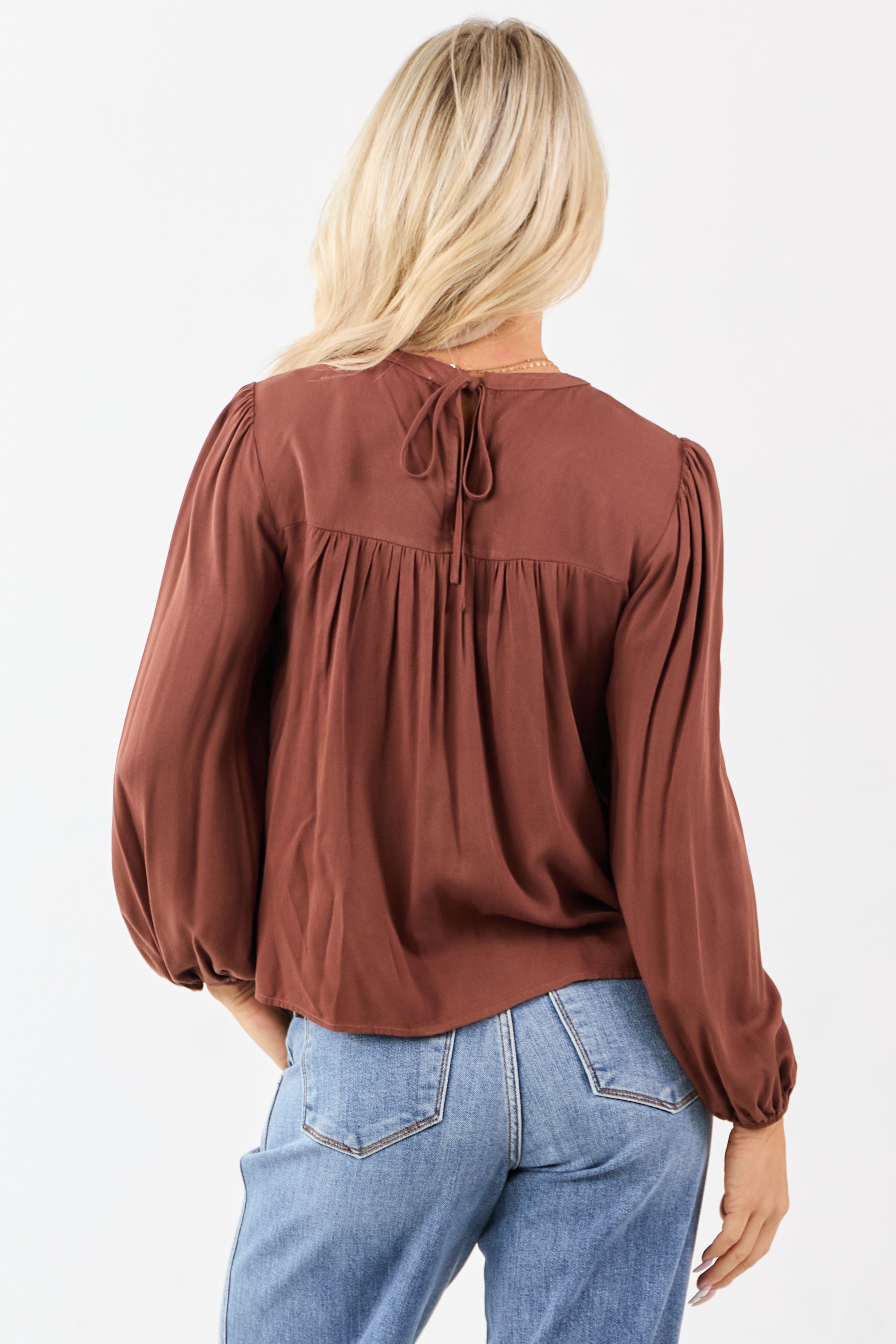 Spice Embroidered Floral Lace Yoke Puff Sleeve Top