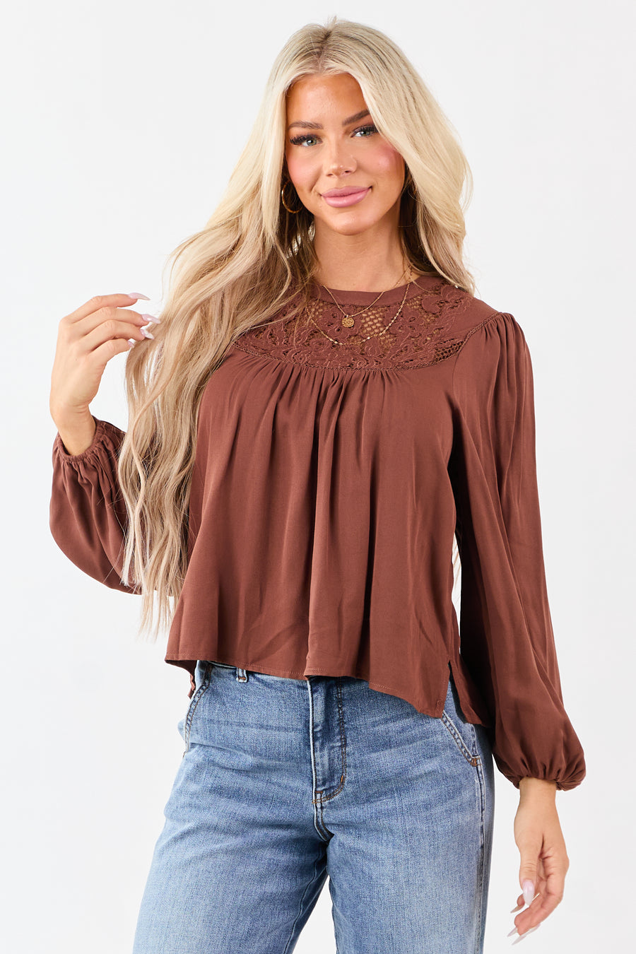 Spice Embroidered Floral Lace Yoke Puff Sleeve Top