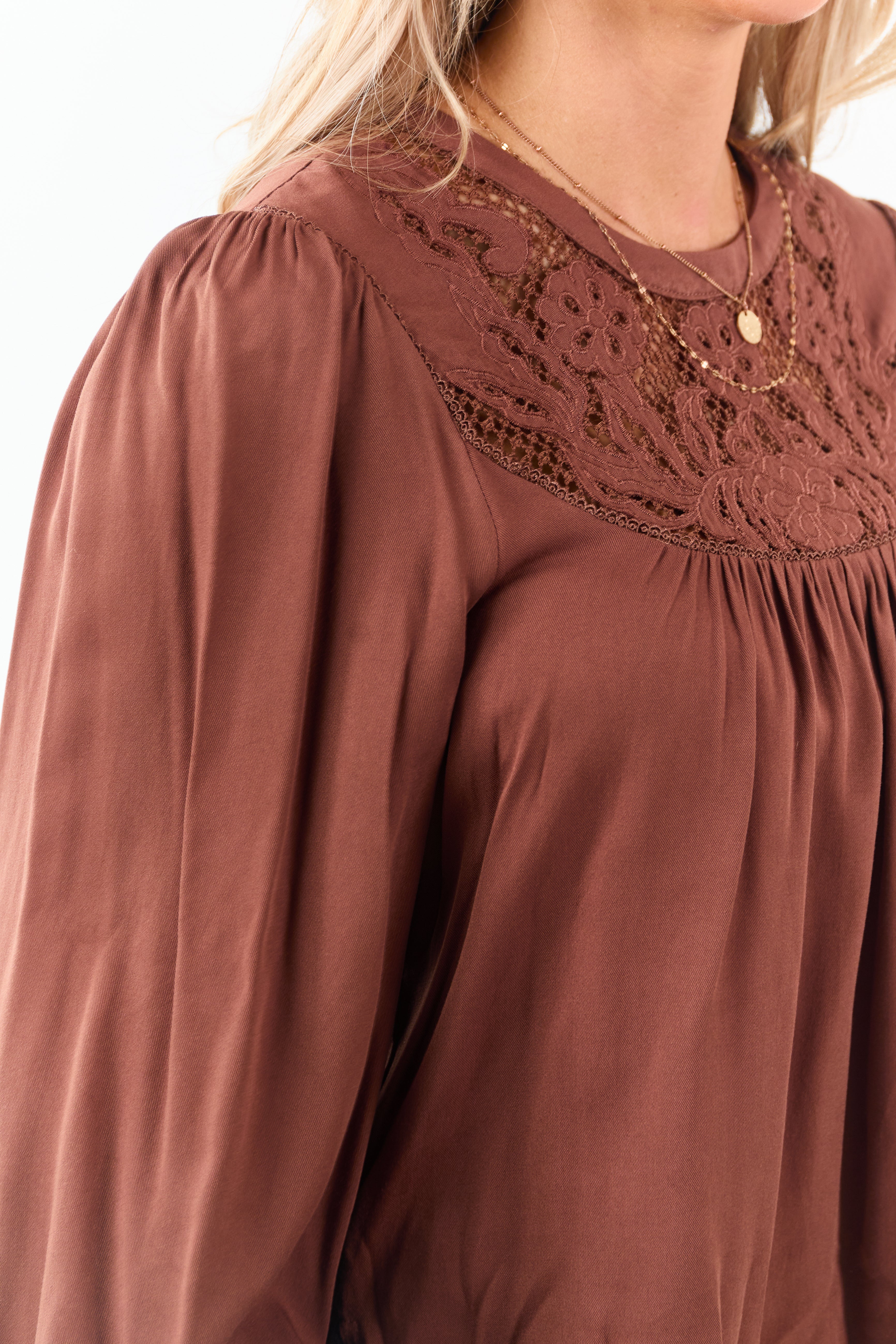 Spice Embroidered Floral Lace Yoke Puff Sleeve Top