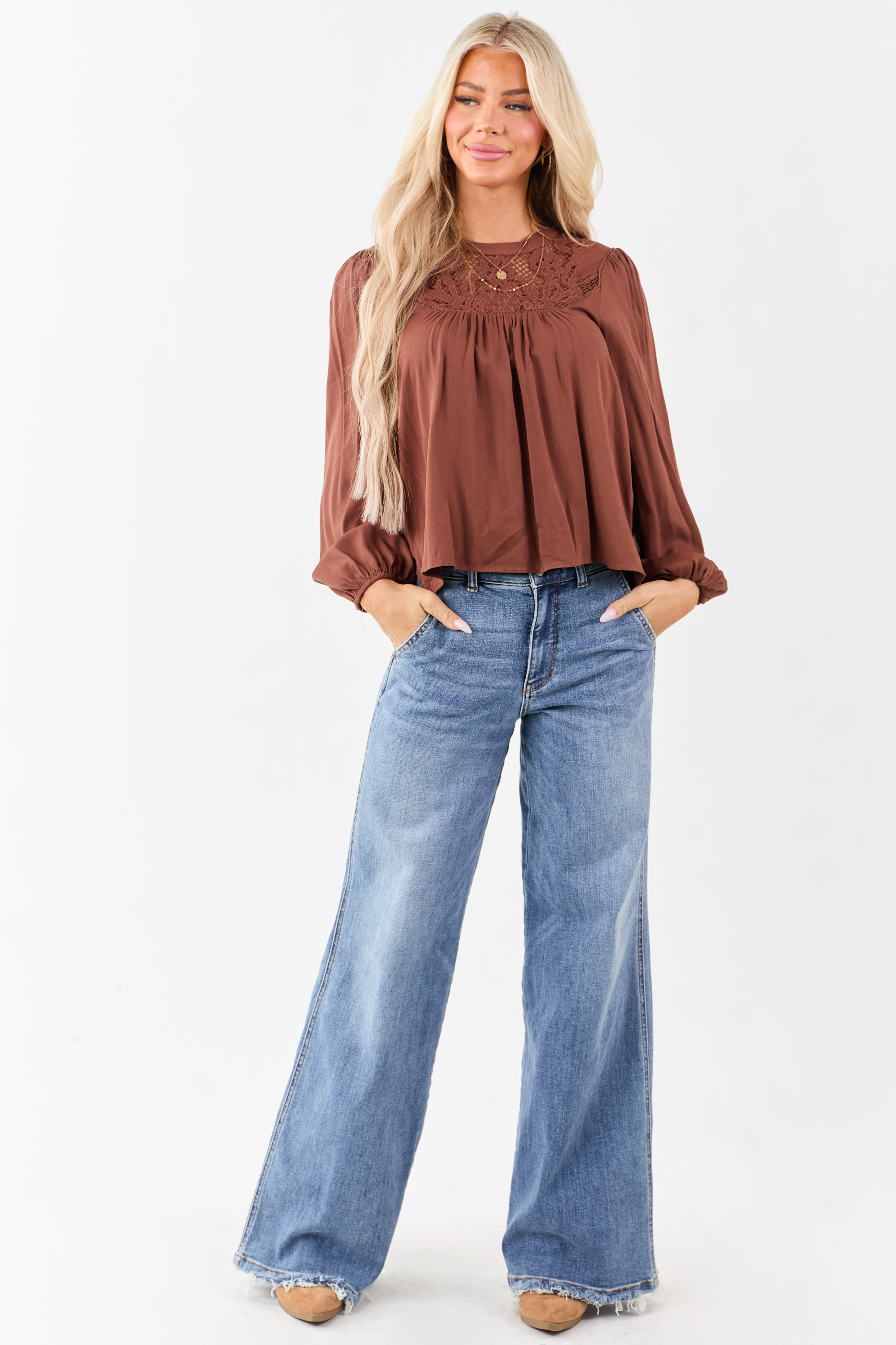 Spice Embroidered Floral Lace Yoke Puff Sleeve Top