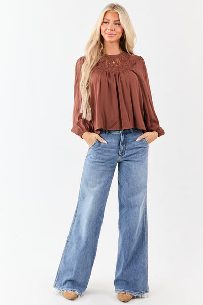 Spice Embroidered Floral Lace Yoke Puff Sleeve Top
