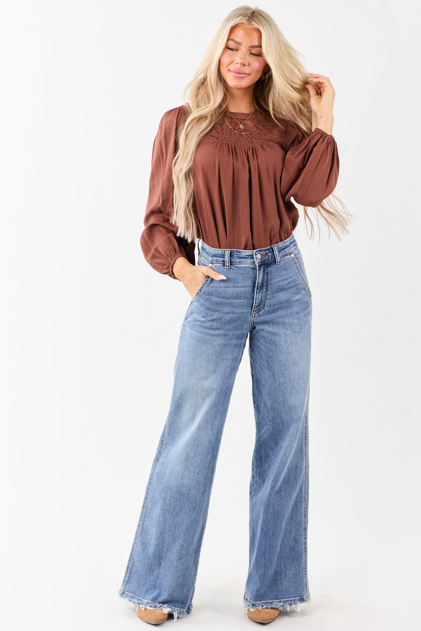 Spice Embroidered Floral Lace Yoke Puff Sleeve Top