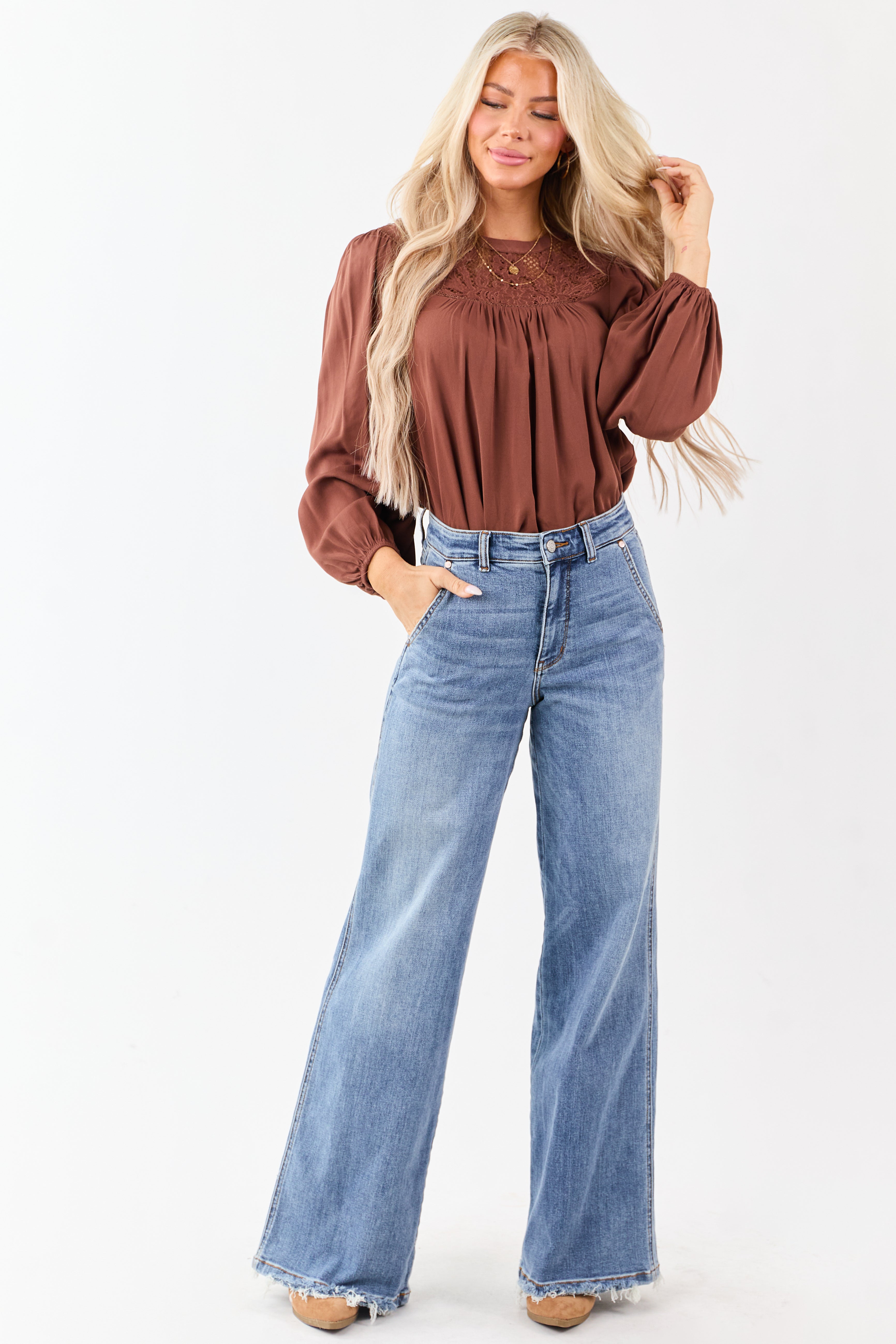 Spice Embroidered Floral Lace Yoke Puff Sleeve Top