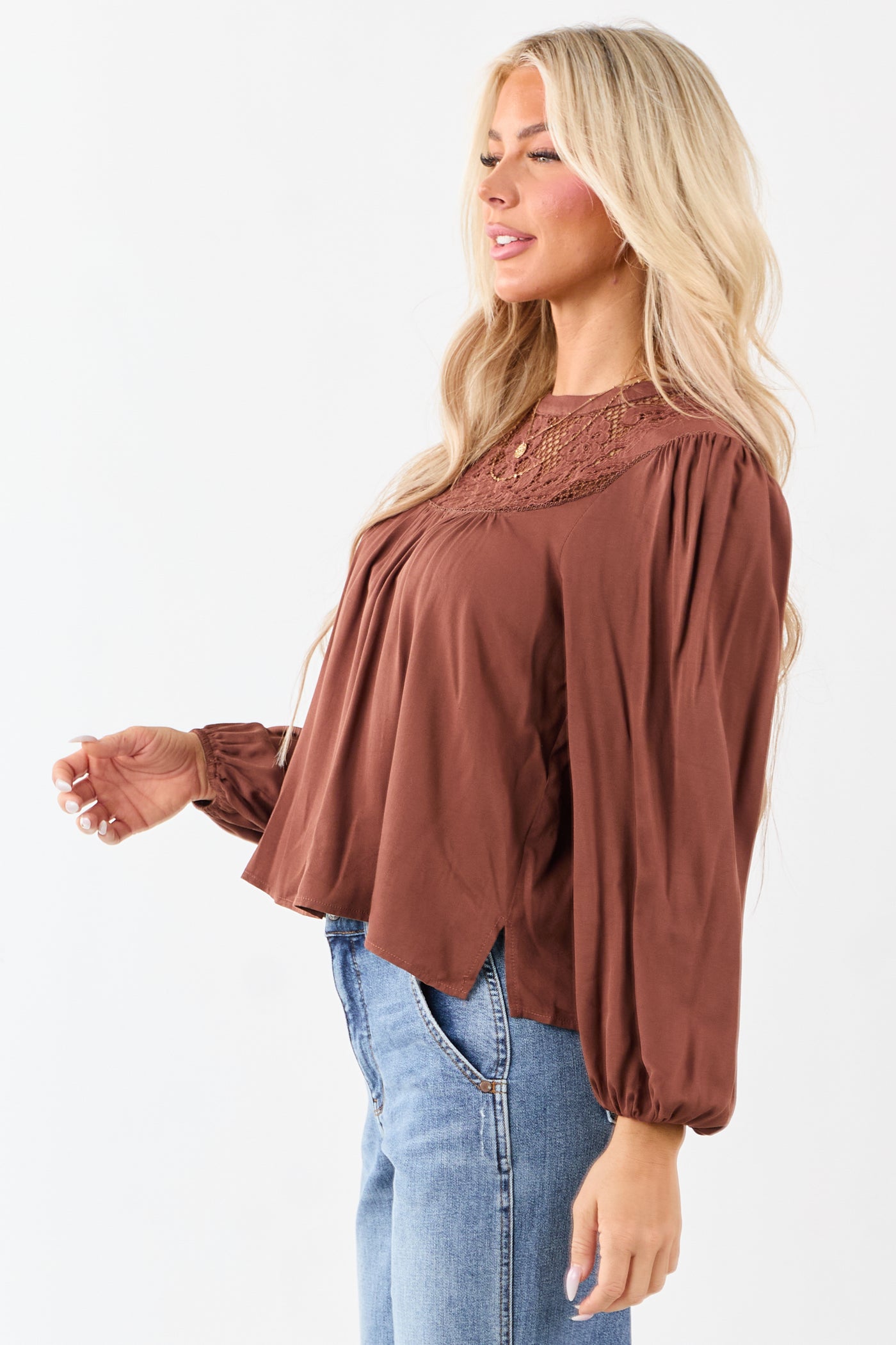 Spice Embroidered Floral Lace Yoke Puff Sleeve Top