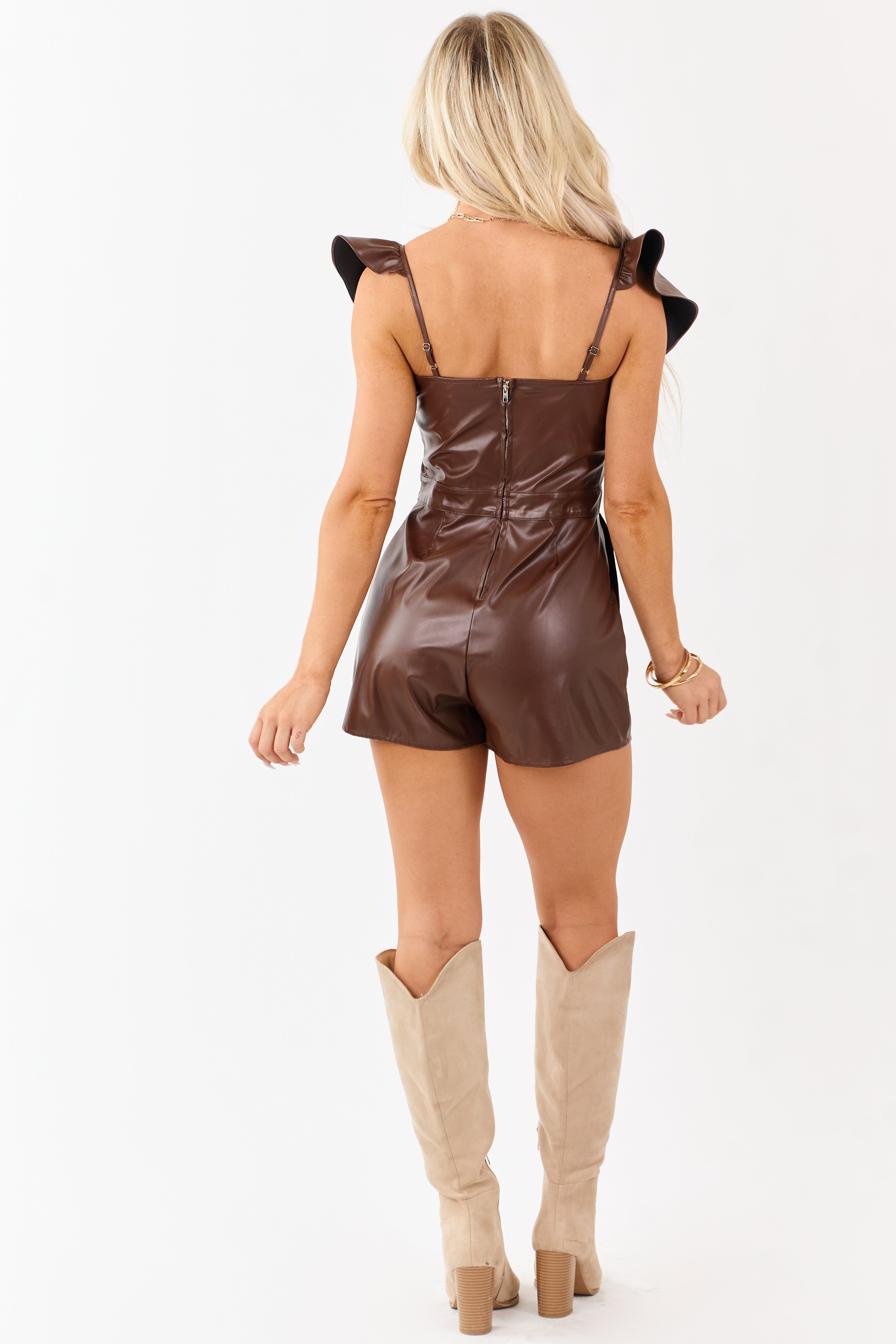 Spice Faux Leather Short Ruffle Sleeve Romper