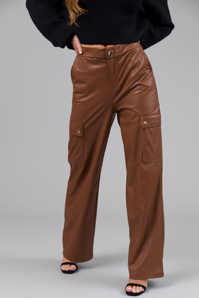 Spice Faux Leather Straight Leg Cargo Pants