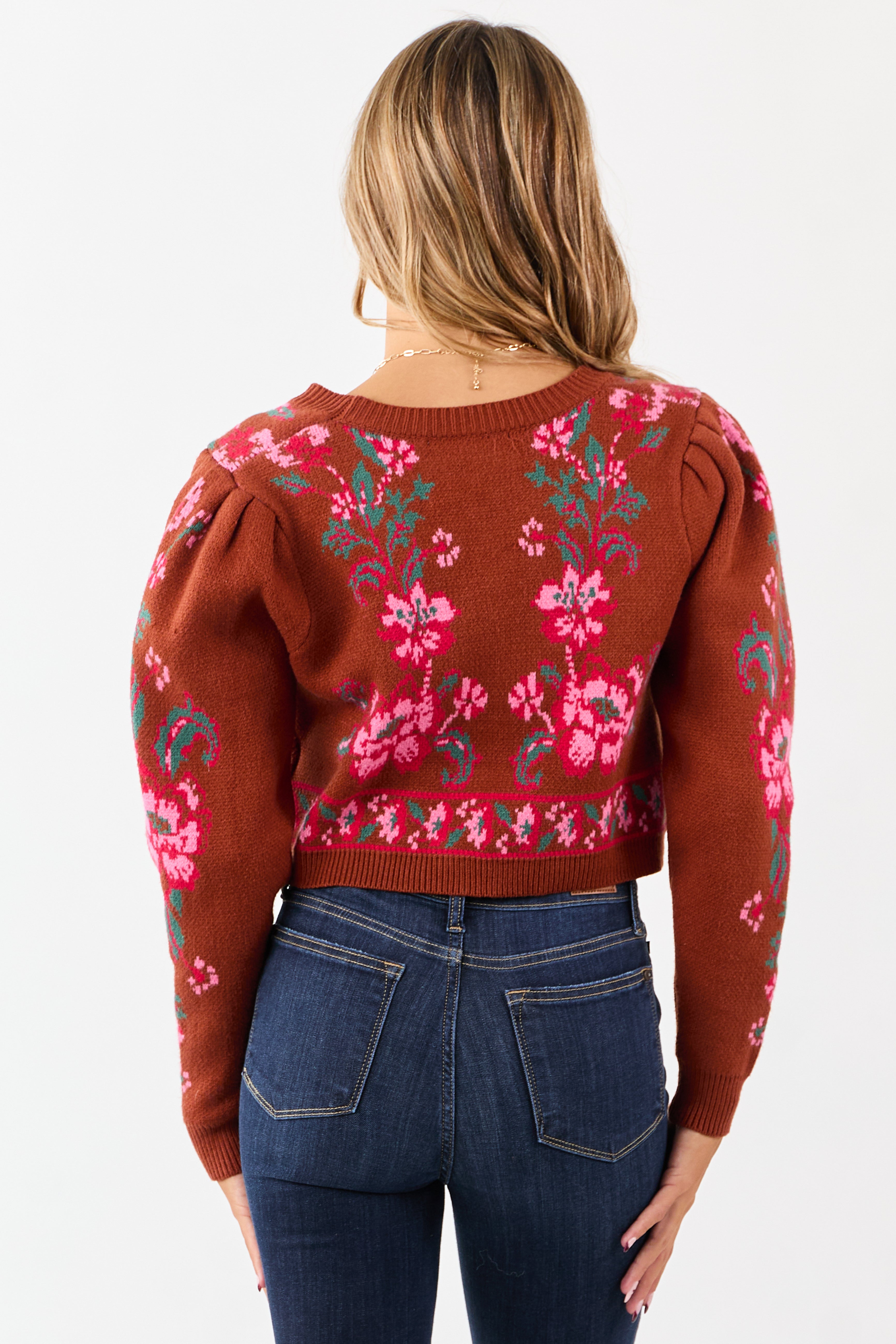 Spice Floral Print Tie Front Cropped Knit Cardigan
