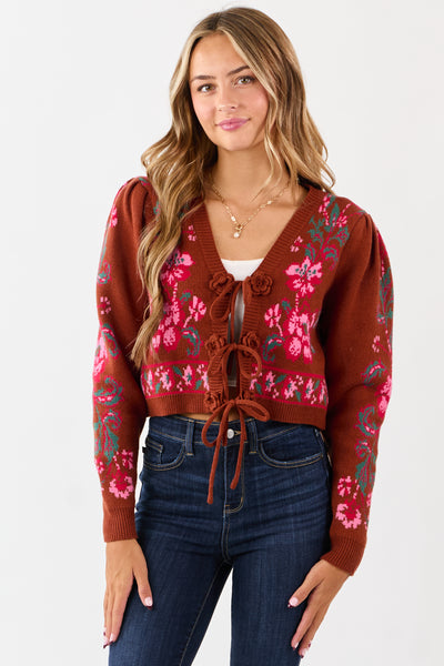 Spice Floral Print Tie Front Cropped Knit Cardigan