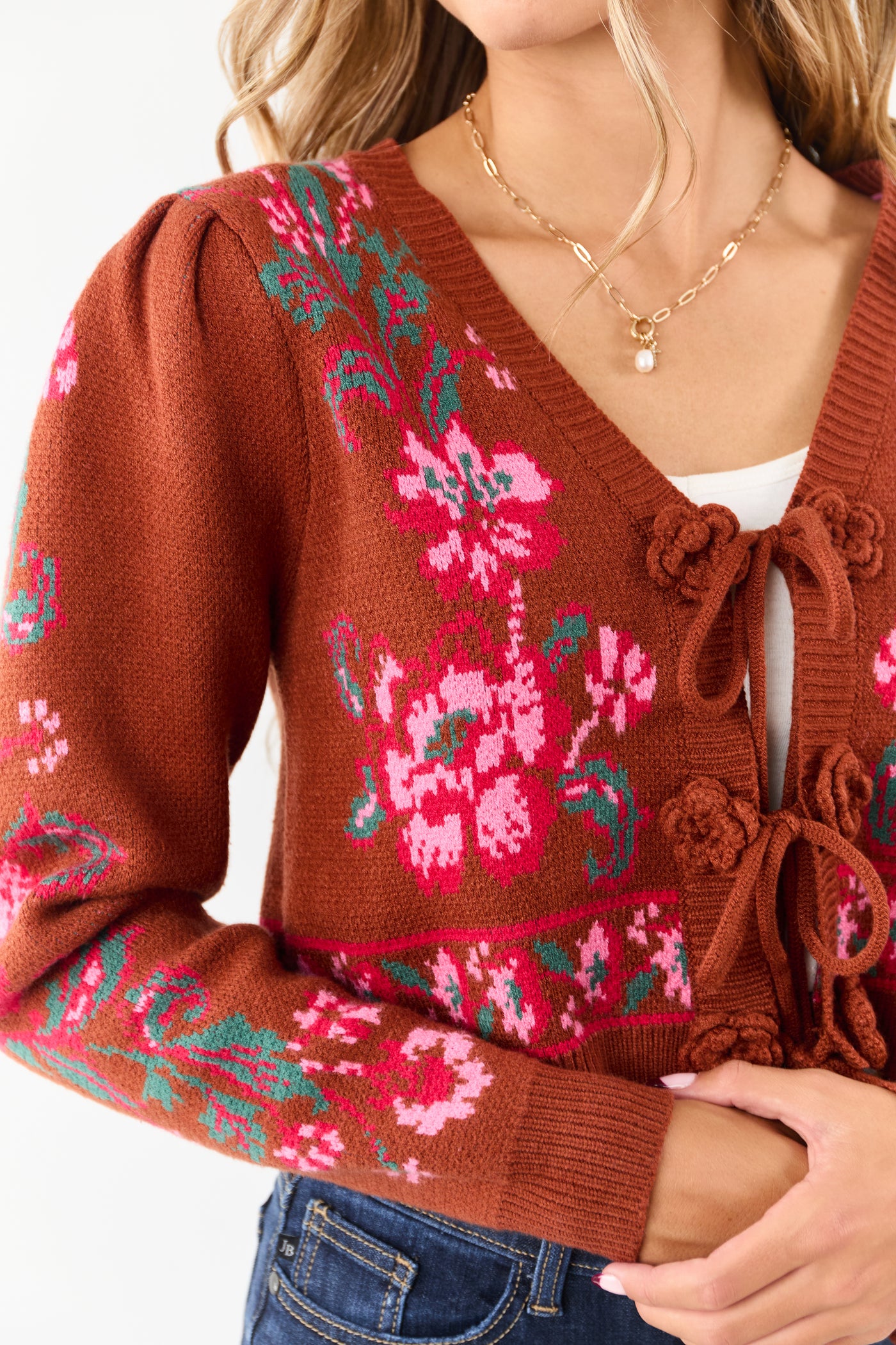 Spice Floral Print Tie Front Cropped Knit Cardigan