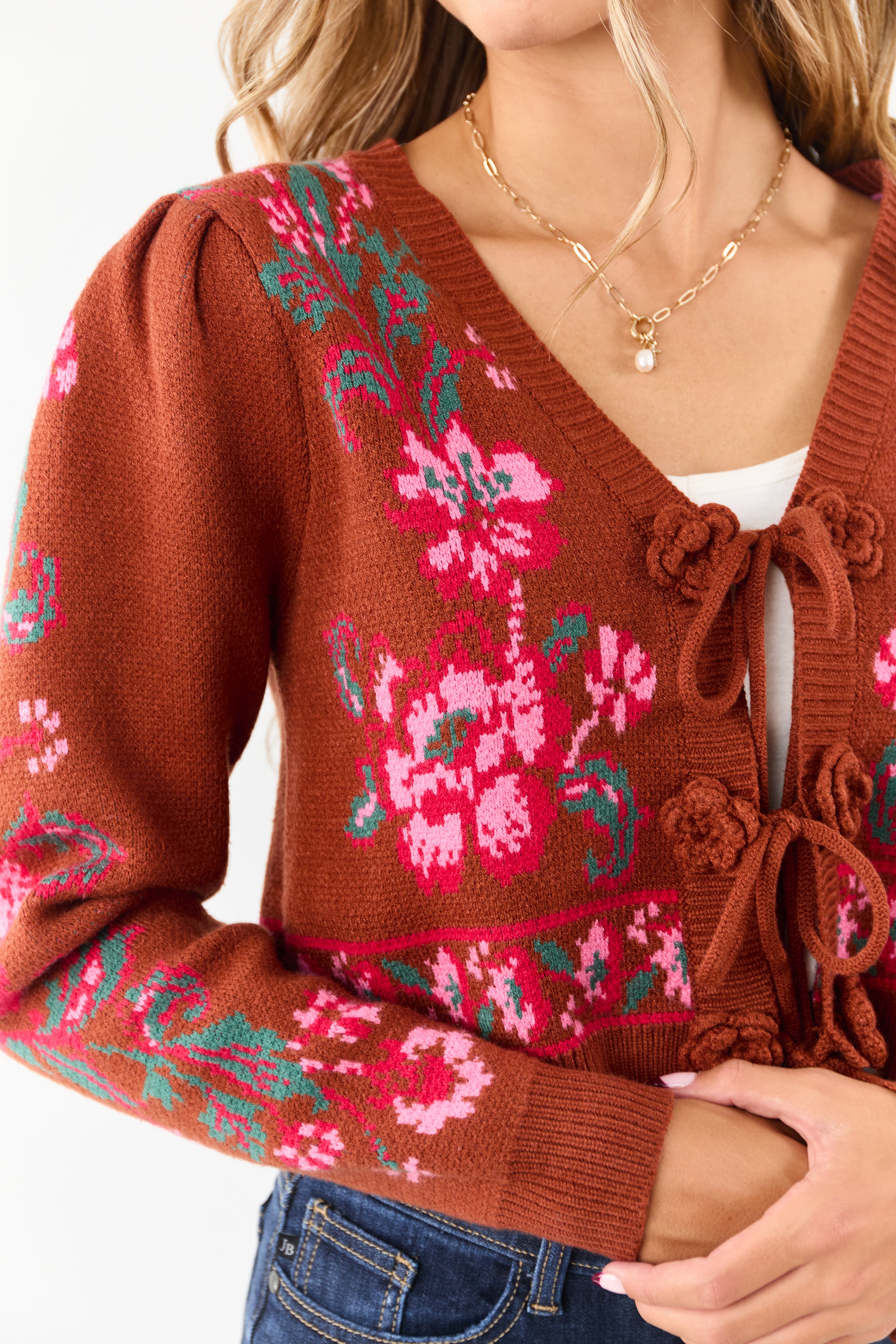 Spice Floral Print Tie Front Cropped Knit Cardigan