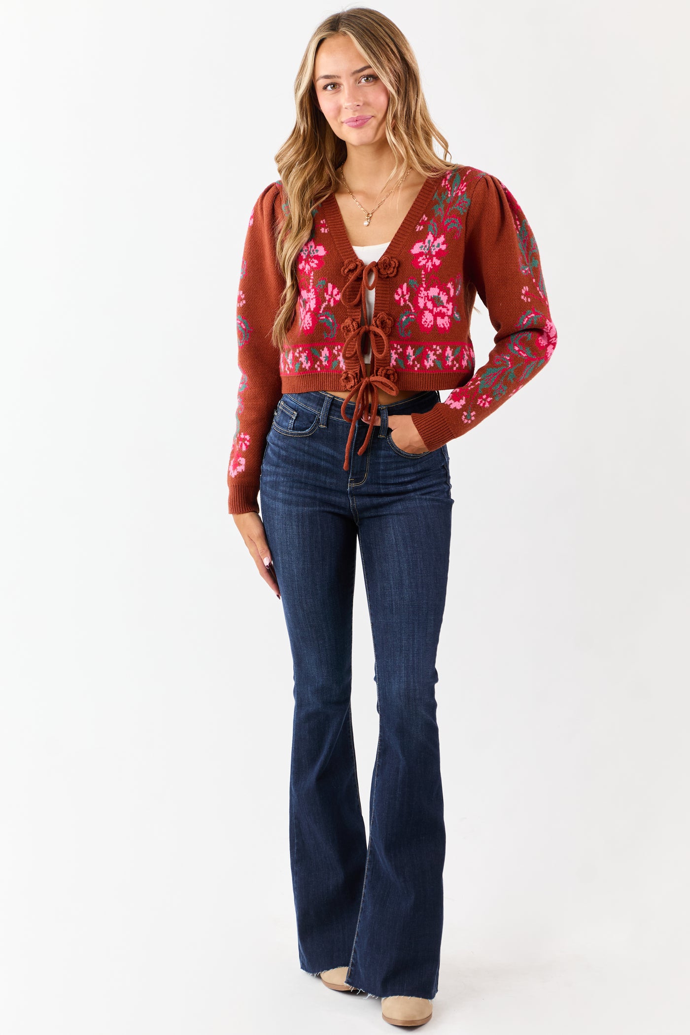 Spice Floral Print Tie Front Cropped Knit Cardigan