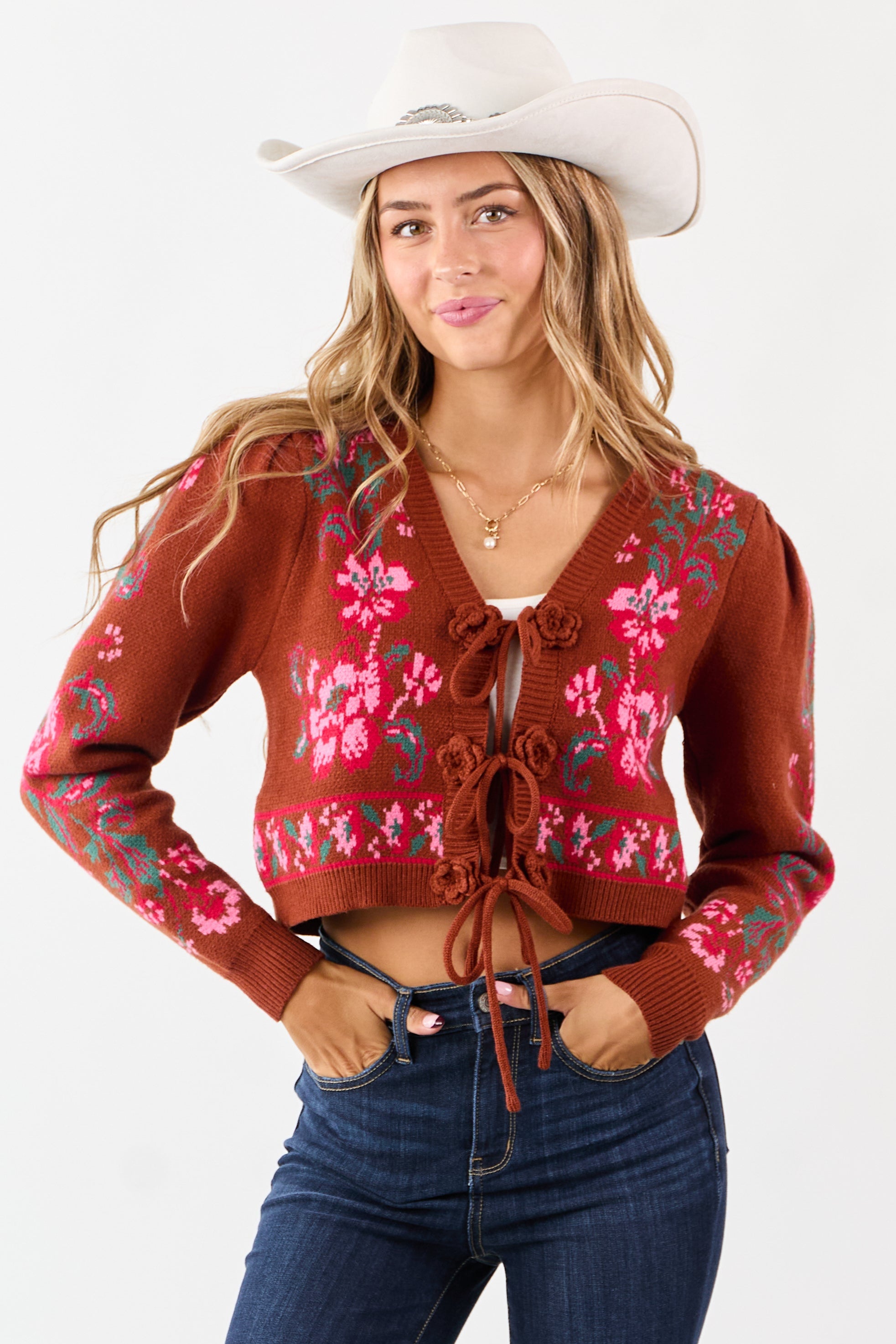 Spice Floral Print Tie Front Cropped Knit Cardigan
