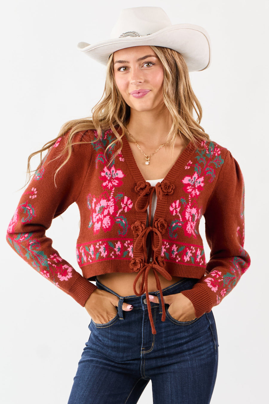 Spice Floral Print Tie Front Cropped Knit Cardigan