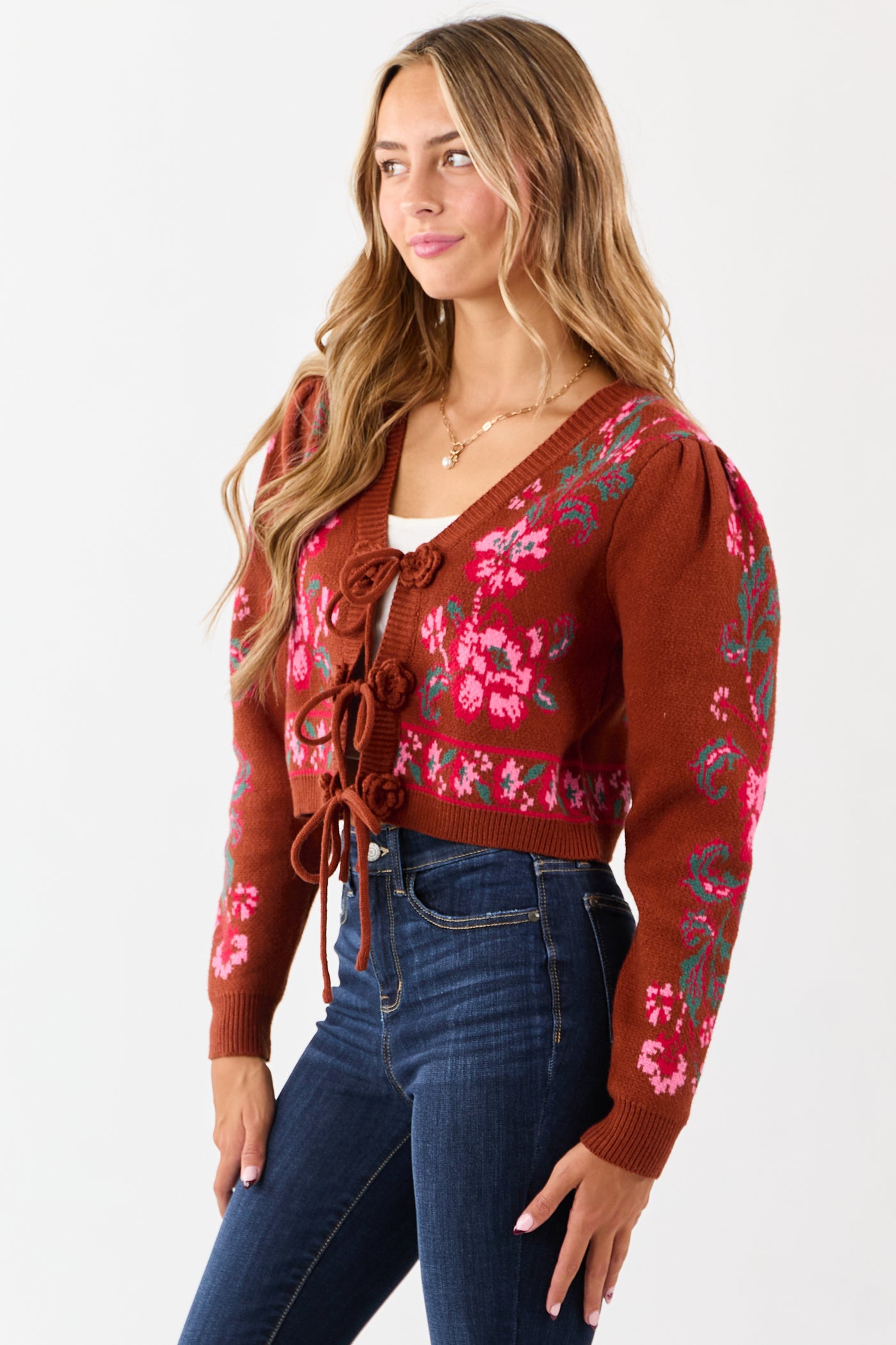 Spice Floral Print Tie Front Cropped Knit Cardigan