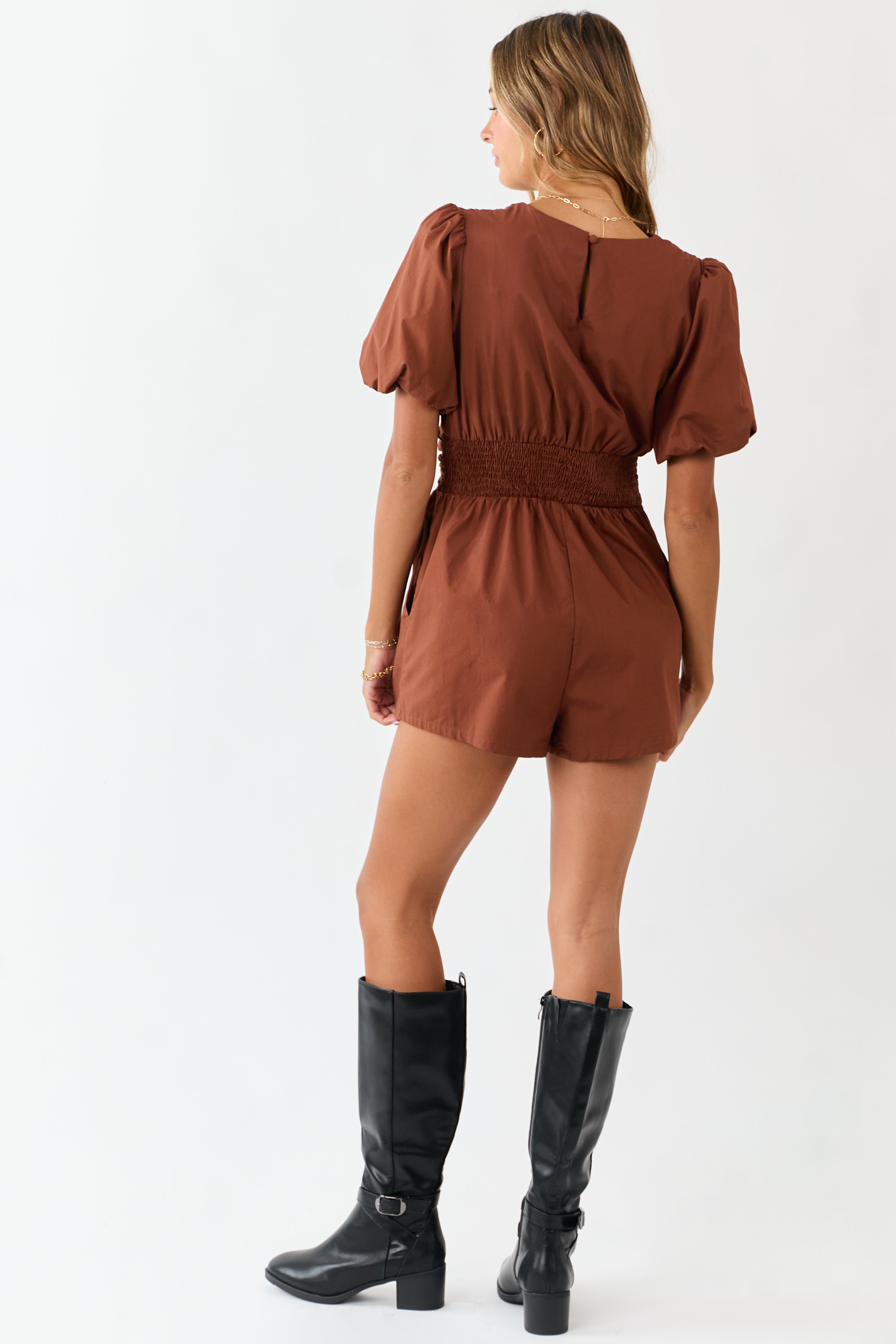 Spice Ruched Button Down Puff Sleeve Cotton Romper