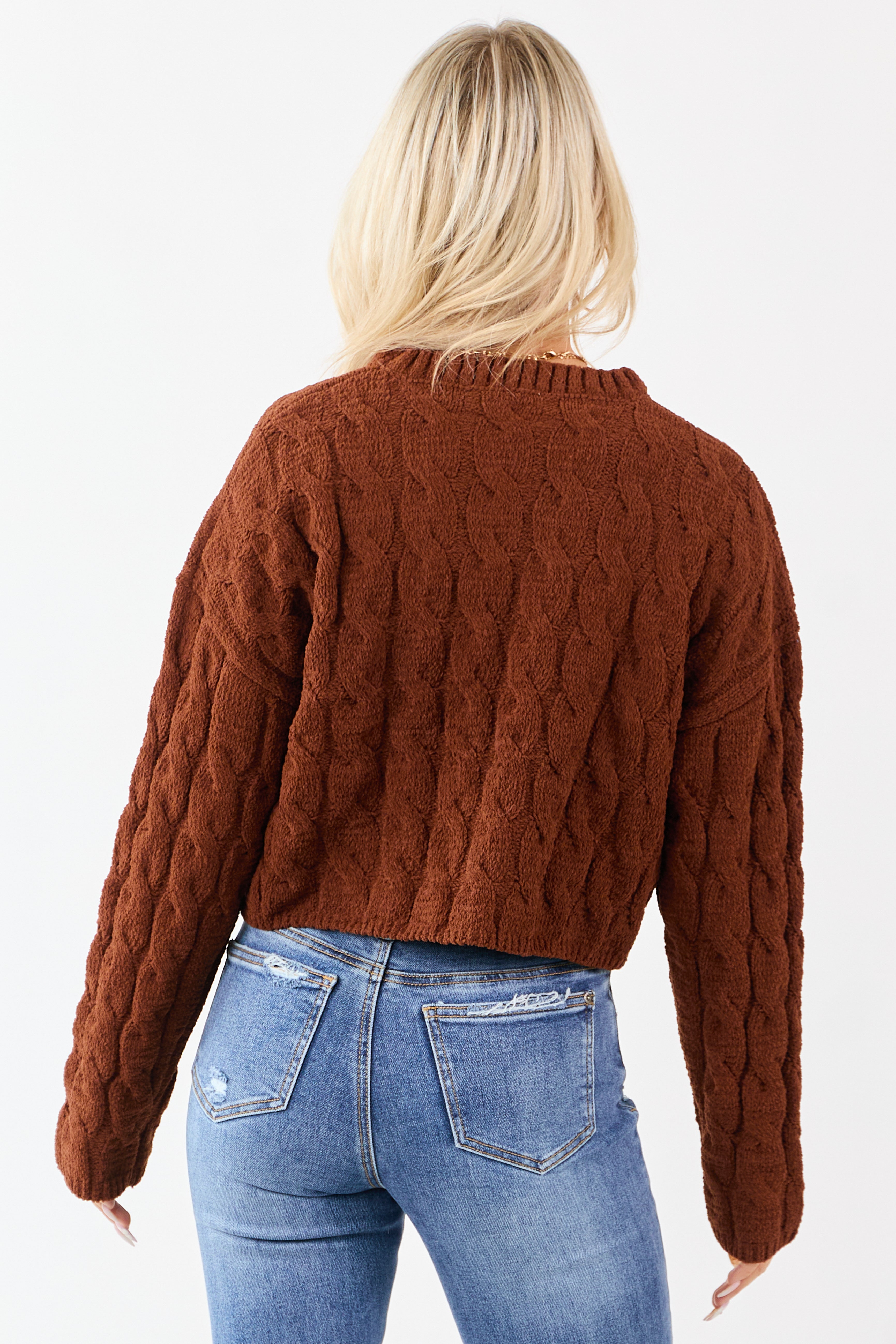 Spice Semi Cropped Chenille Cable Knit Sweater