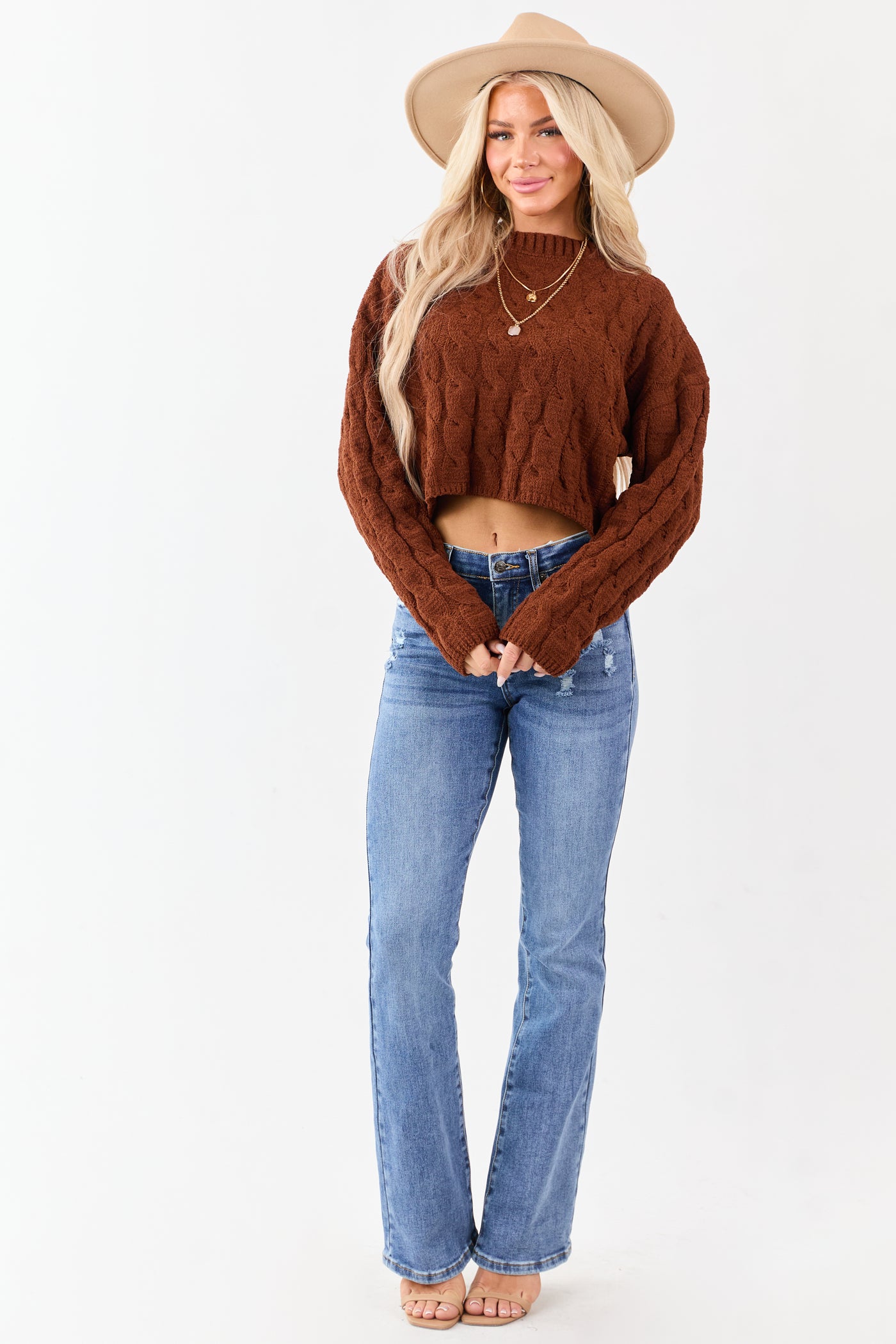 Spice Semi Cropped Chenille Cable Knit Sweater