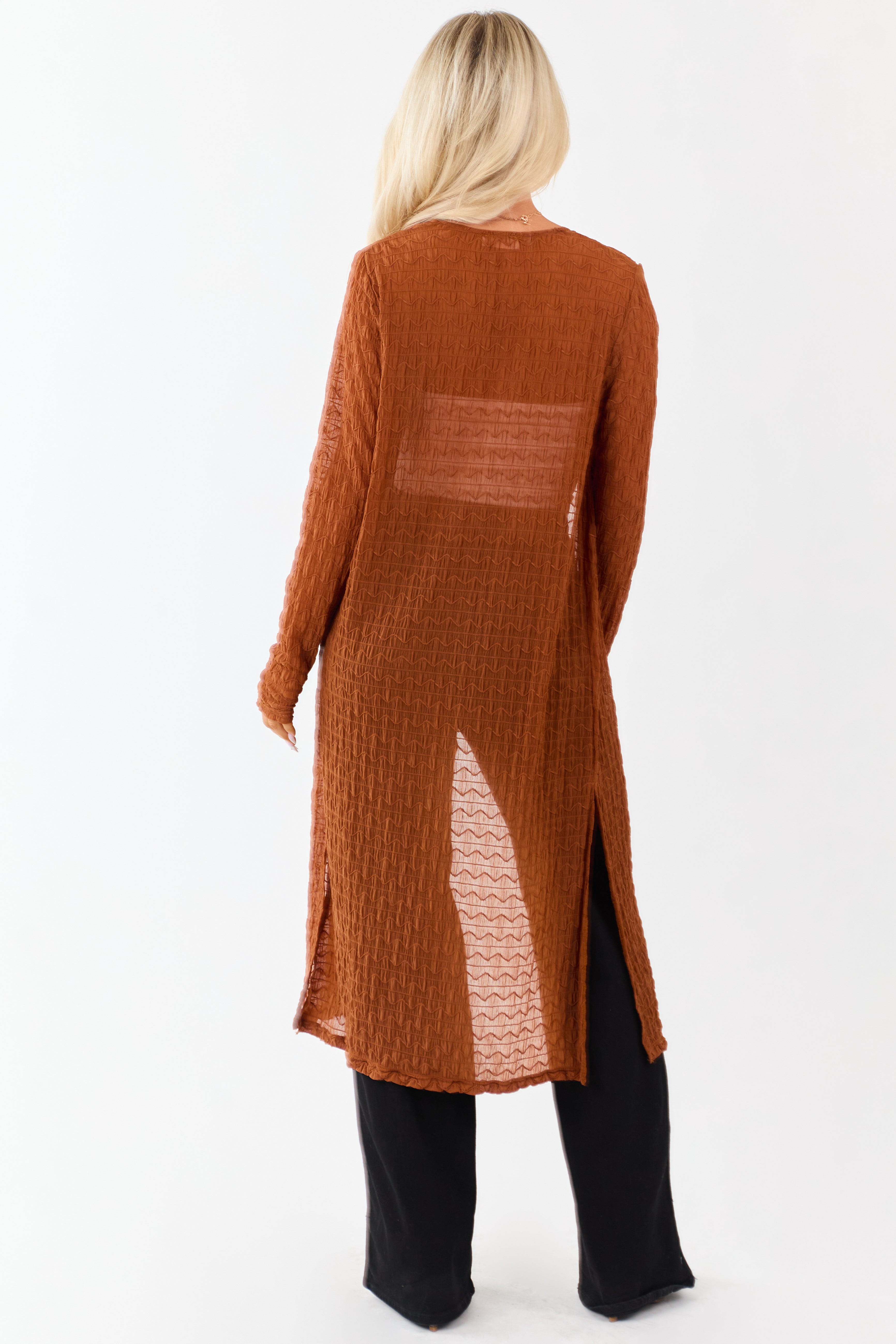Spice Sheer Wavy Textured Mesh Duster Cardigan