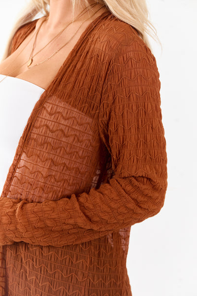 Spice Sheer Wavy Textured Mesh Duster Cardigan