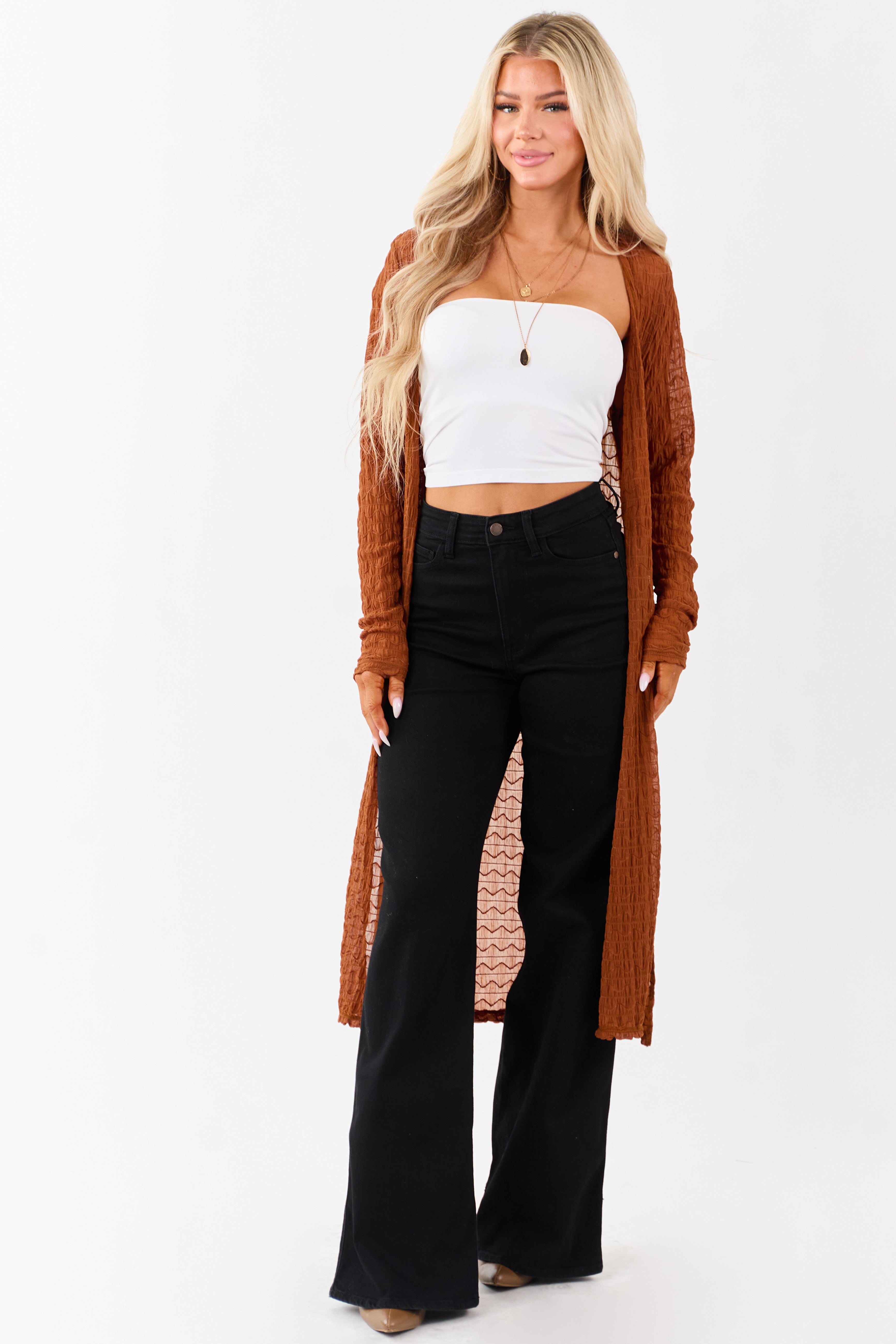 Spice Sheer Wavy Textured Mesh Duster Cardigan
