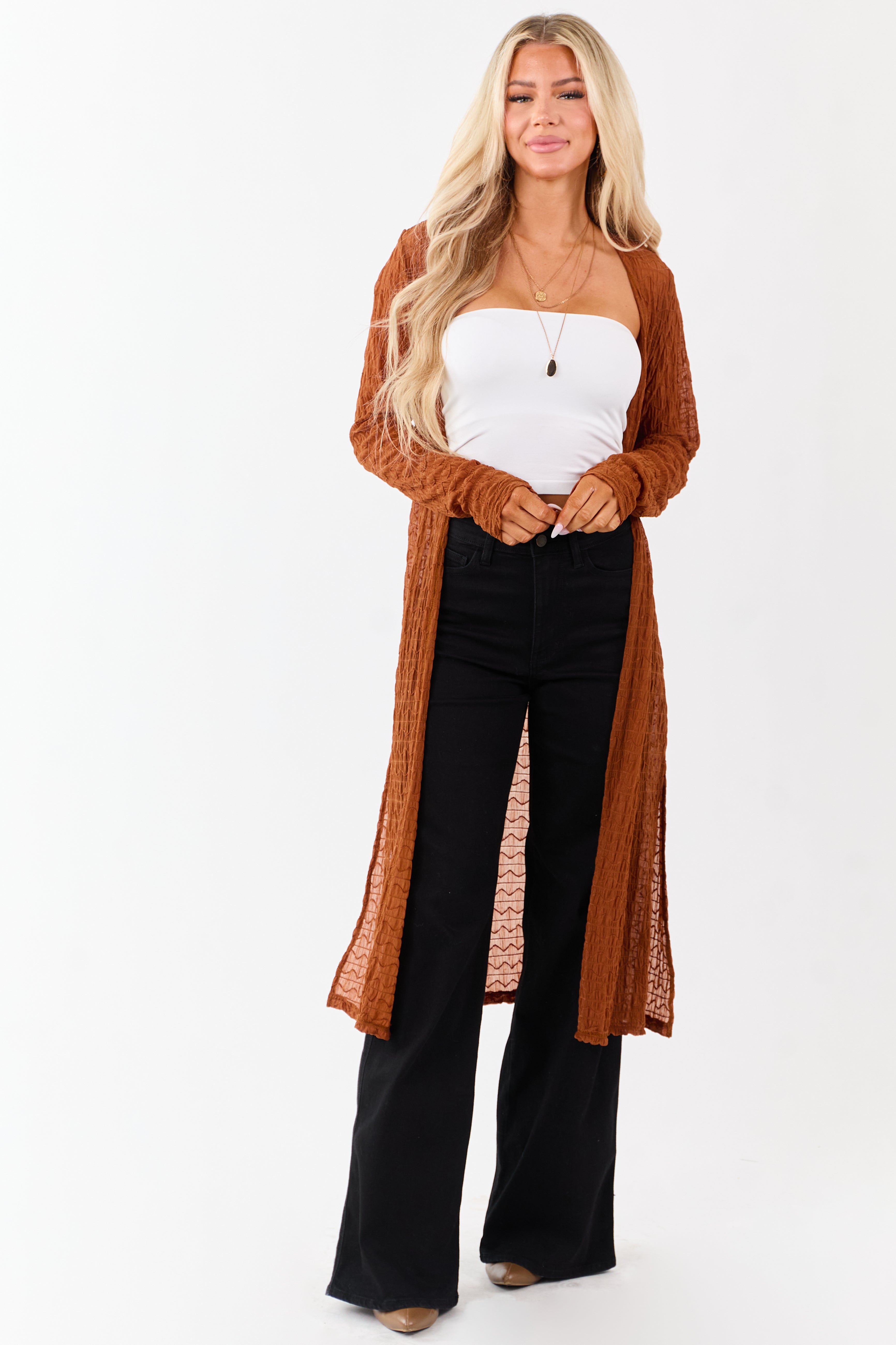 Spice Sheer Wavy Textured Mesh Duster Cardigan