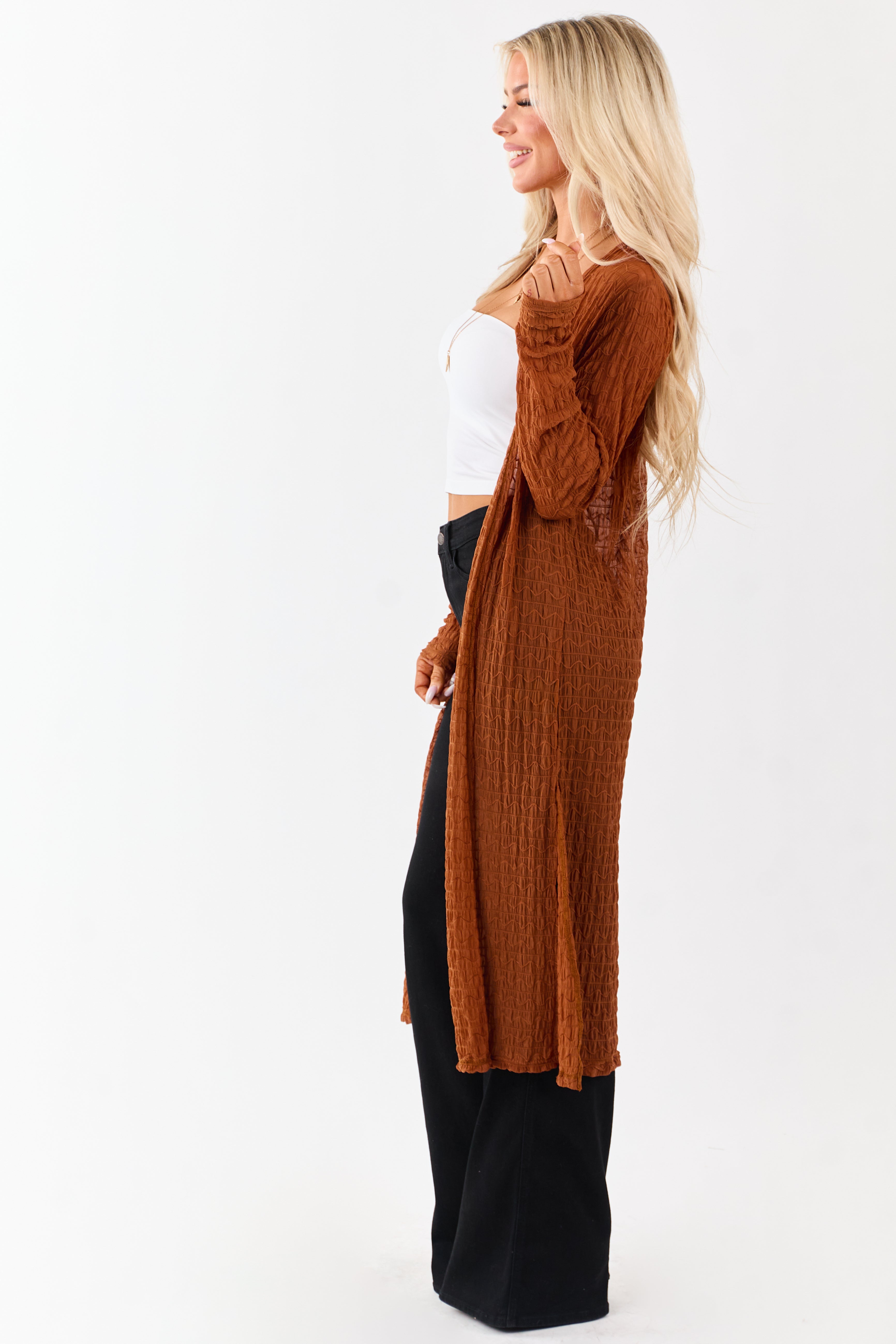 Spice Sheer Wavy Textured Mesh Duster Cardigan