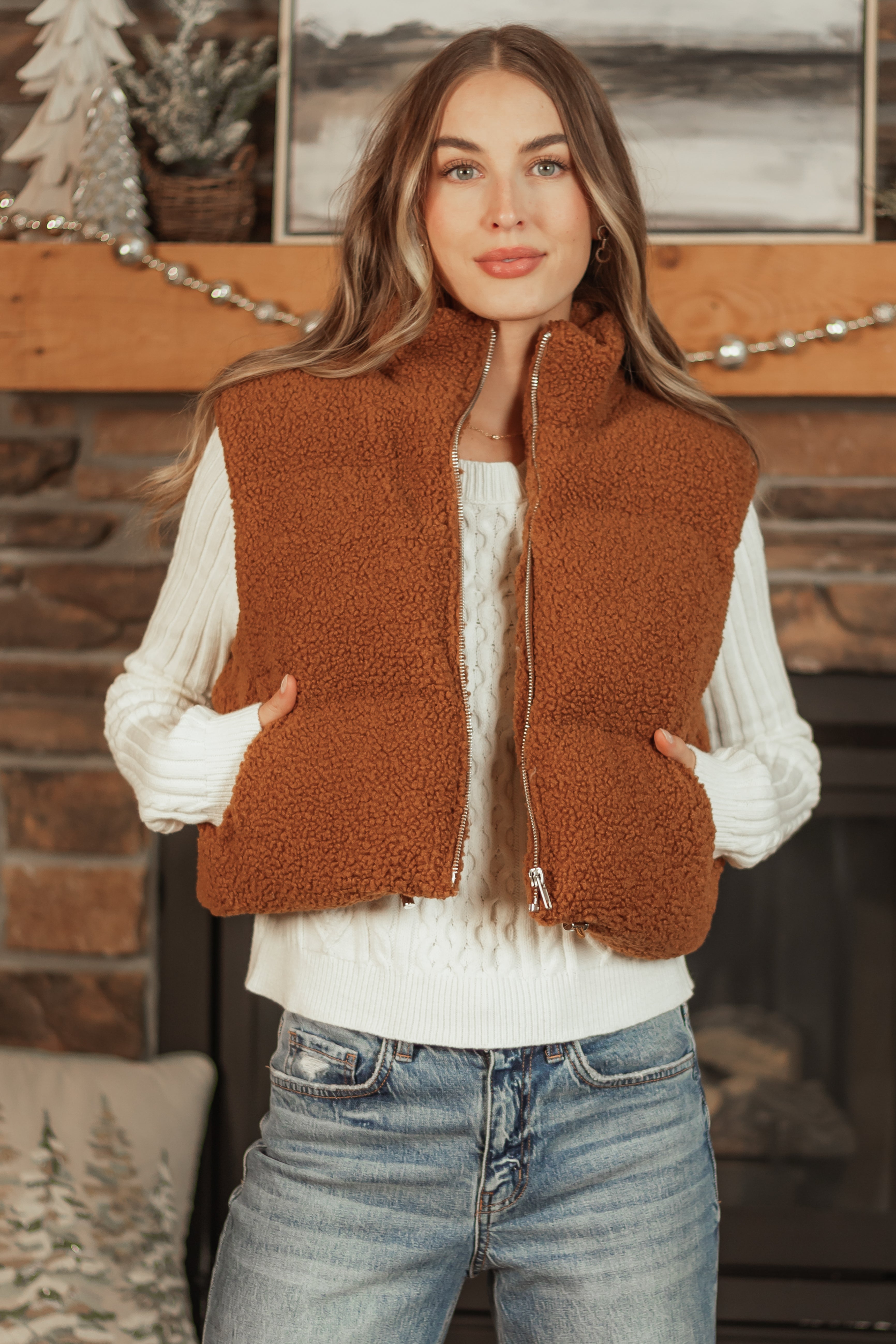 Spice Sherpa Zip Up Collared Puffer Vest | Lime Lush Boutique
