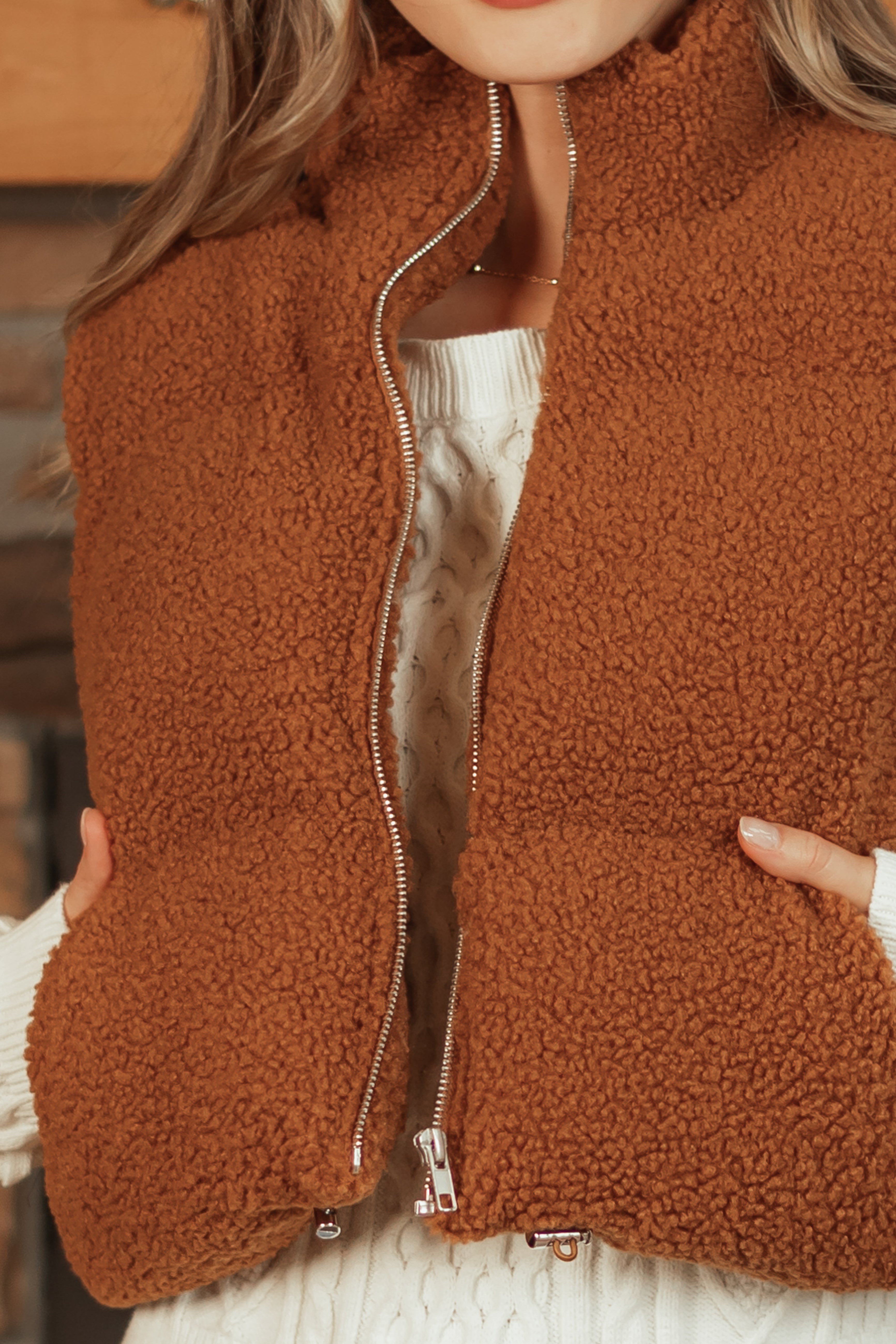 Spice Sherpa Zip Up Collared Puffer Vest | Lime Lush Boutique