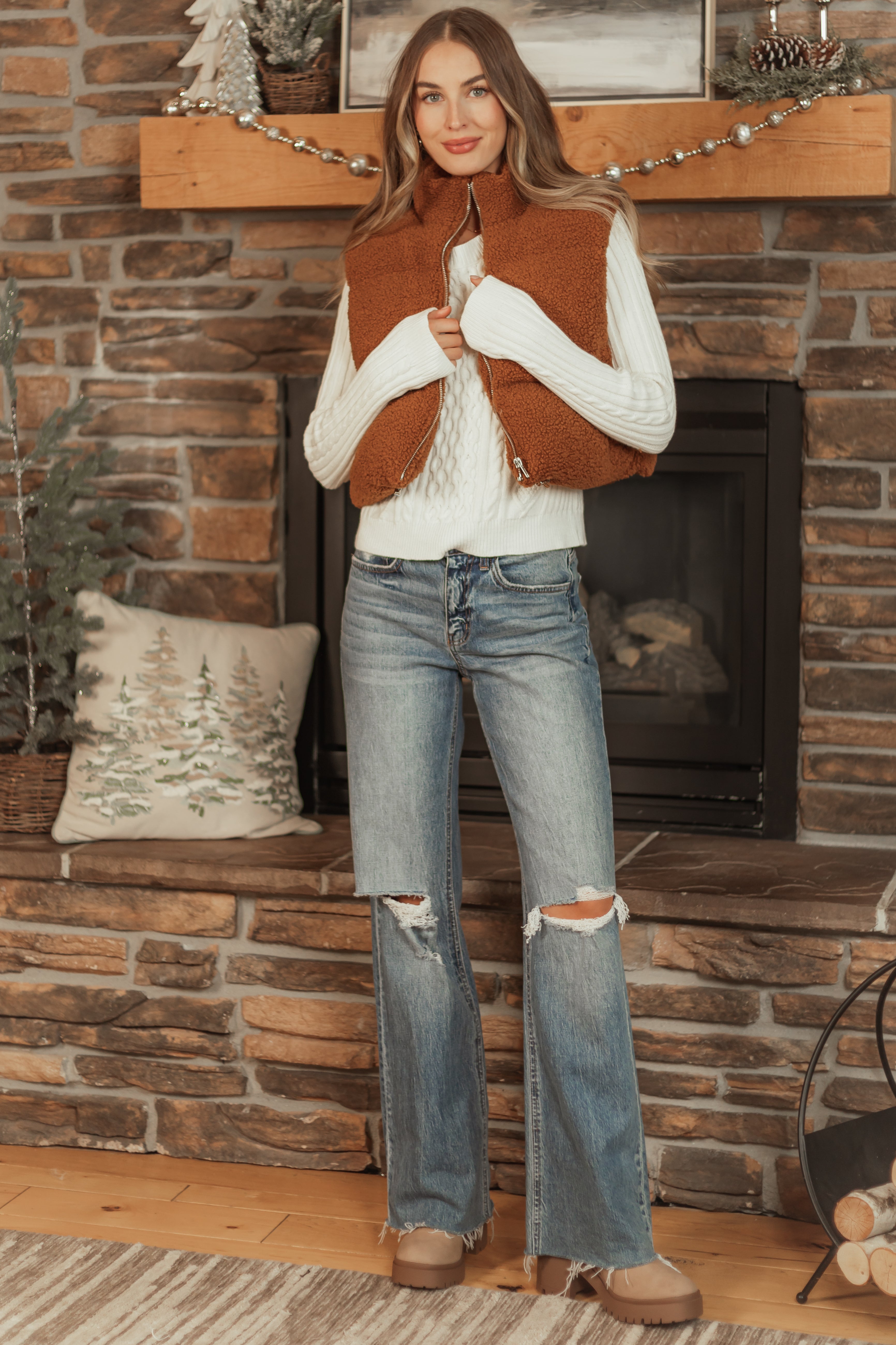 Spice Sherpa Zip Up Collared Puffer Vest | Lime Lush Boutique