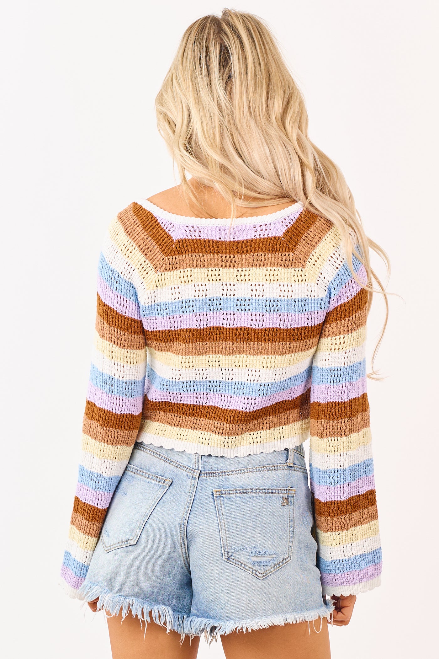 Spice Striped Pointelle Cotton Cropped Sweater