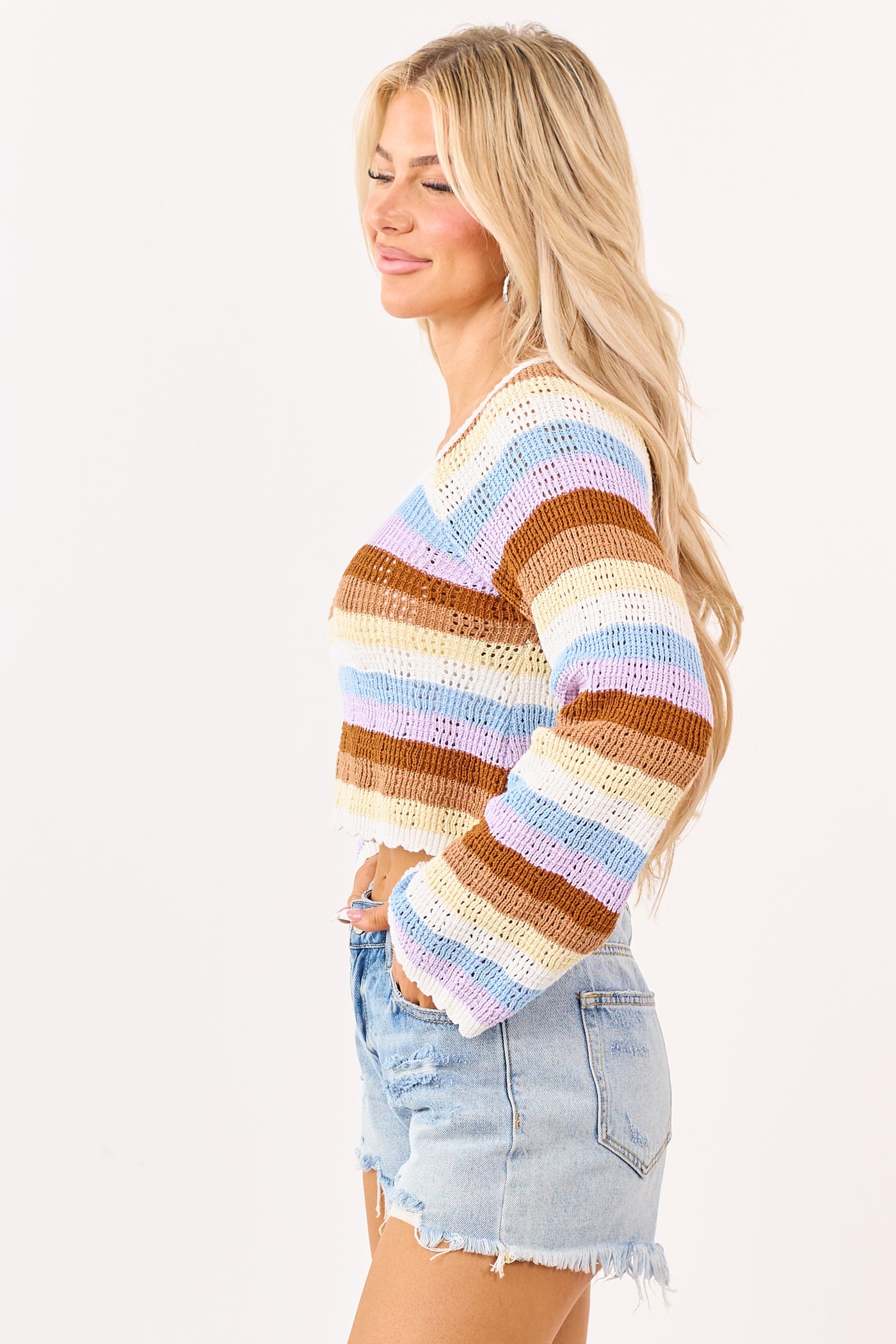 Spice Striped Pointelle Cotton Cropped Sweater