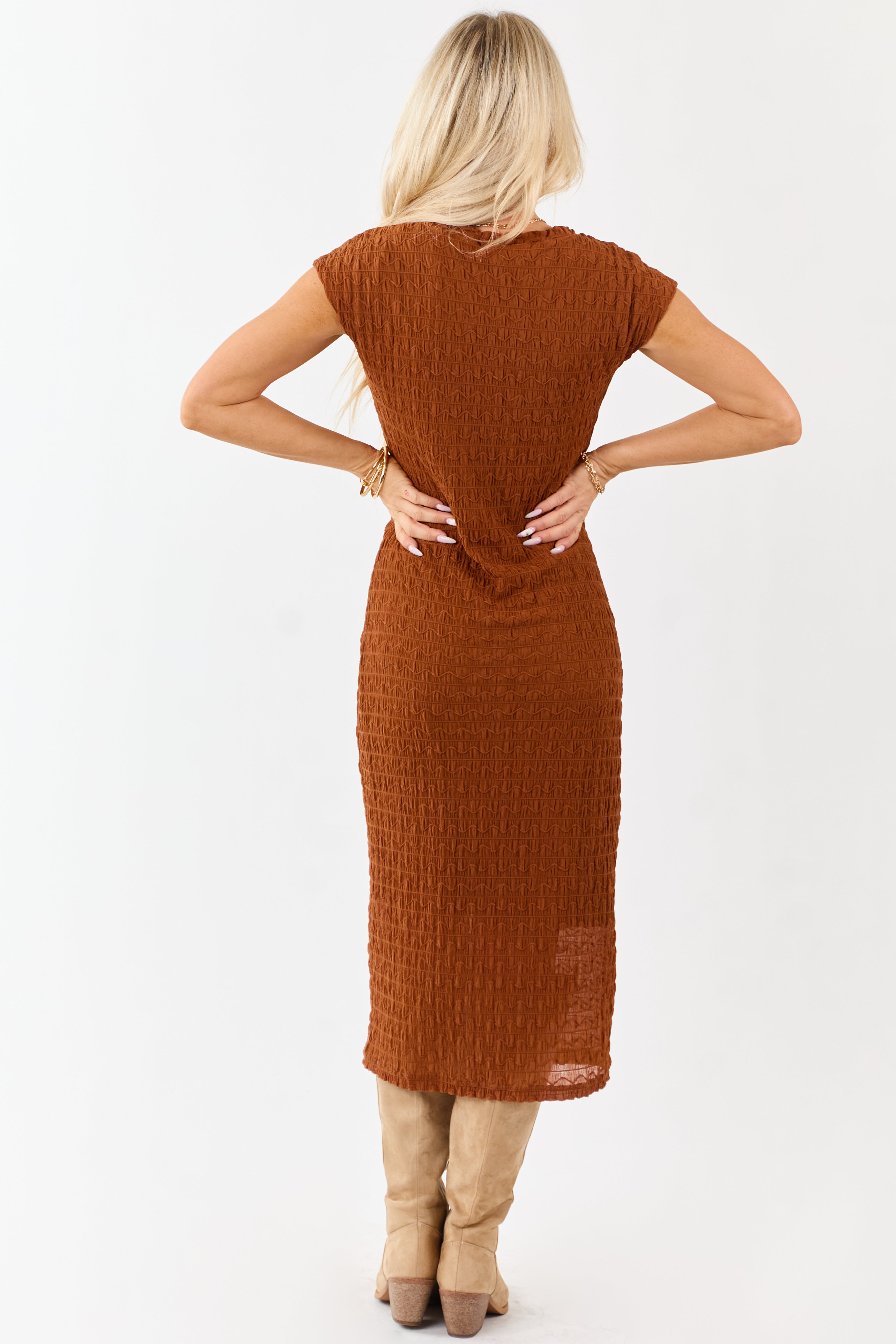 Spice Wavy Textured Mesh Cap Sleeve Midi Dress
