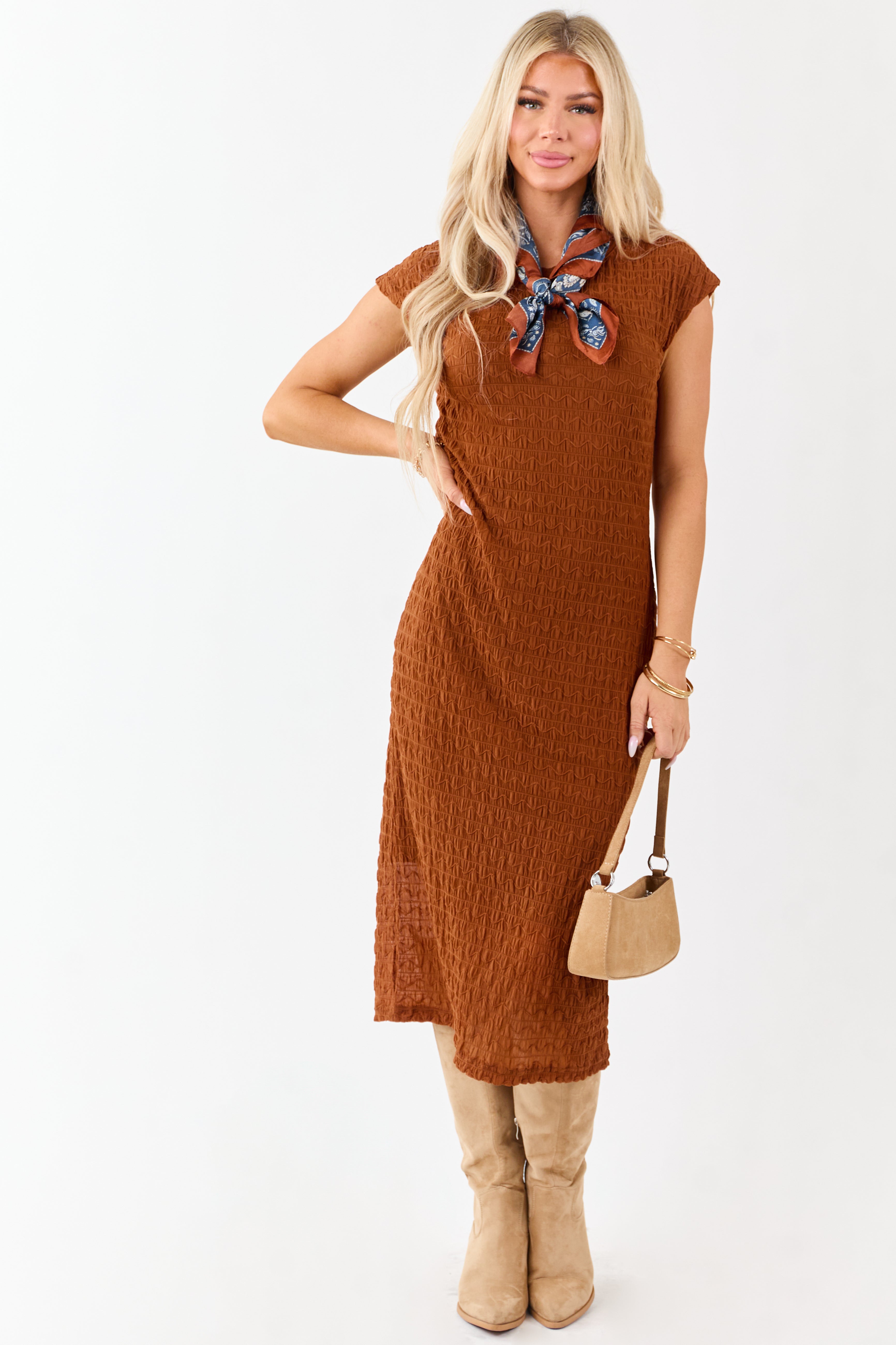 Spice Wavy Textured Mesh Cap Sleeve Midi Dress