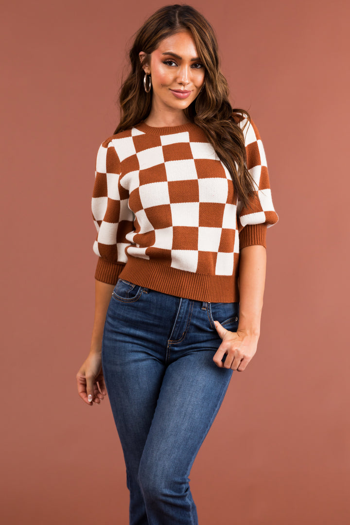 Spice and Ivory Checkered Puff Sleeve Knit Top