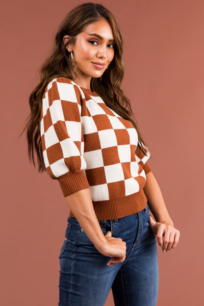 Spice and Ivory Checkered Puff Sleeve Knit Top